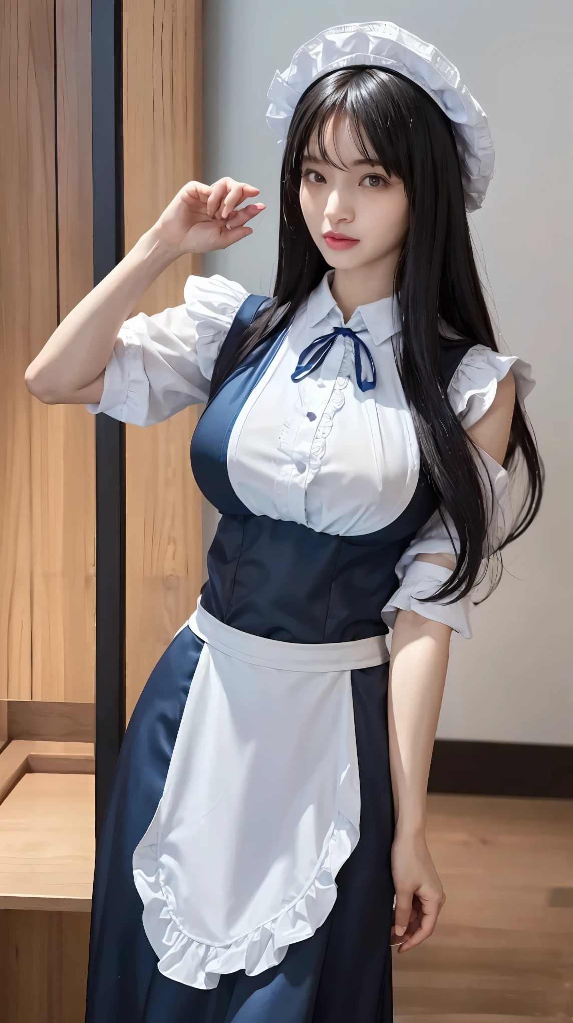 ((16 Nights Sakiya)), ((Touhou Project)), Cosplay, 20-year-old woman, (((black hair)), ((medium long hair)), ((sexy intricate blue maid outfit)), ((white blouse)), midchest, (light)))), (pose))), (photorealistic photo: 1.3), rim lighting, (high detail skin:1.2), 8K UHD, dslr, high quality, high resolution, 4K, 8K, Bokeh, Absurdity, Best ratio four fingers and one thumb, (Real:1.3), Cutest 1 Girl, Lots of Knives, gigantic breasts and slender body