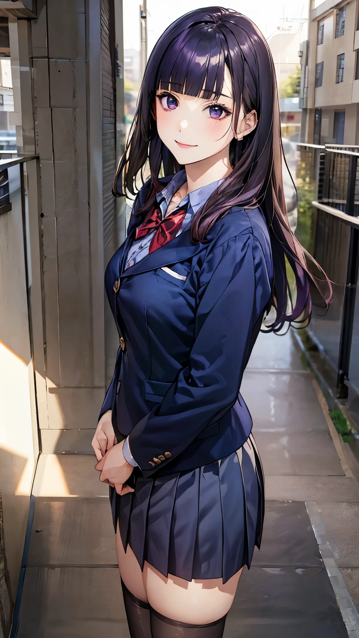(masterpiece:1.2, top-quality), (realistic, photorealistic:1.4), beautiful illustration, (natural side lighting, movie lighting), ,
looking at viewer, 1 girl, japanese, high school girl, perfect face, cute and symmetrical face, shiny skin,
(long hair:1.5, straight hair:1.4, purple hair), blunt bangs, swept bangs, big eyes, drooping eyes, purple eyes, long eye lasher, (medium breasts), slender,
beautiful hair, beautiful face, beautiful detailed eyes, beautiful clavicle, beautiful body, beautiful chest, beautiful thigh, beautiful legs, beautiful fingers,
(((navy clothes), school blazer, close blazer, white collared shirts, navy pleated mini skirt), dark red bow tie, gray thigh-highs),
(beautiful scenery), evening, (outdoors),, standing, (lovely smile, upper eyes),