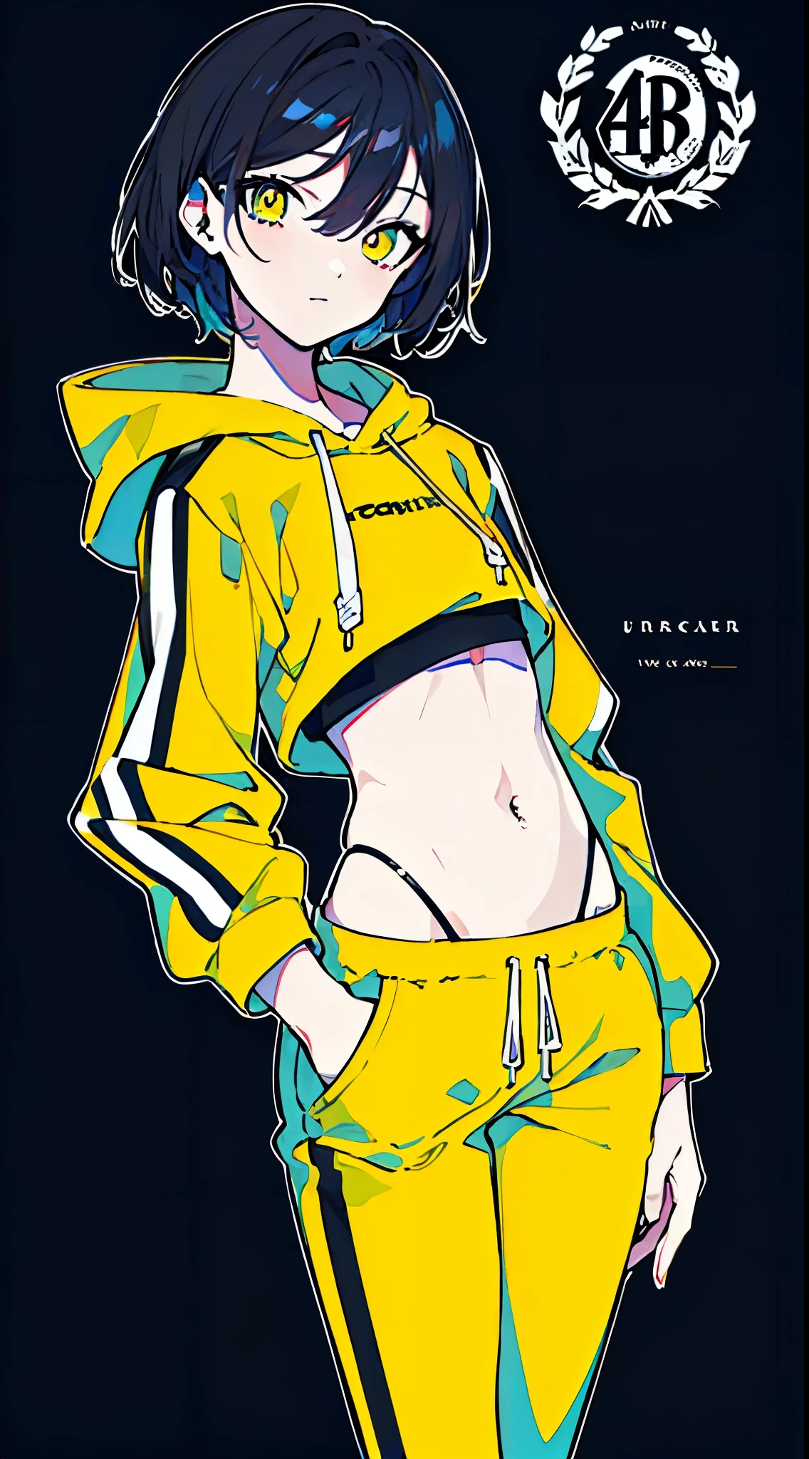(masterpiece, highest quality:1.6), alone, thick outline, (simple background, Dark yellow background, monochrome, dark yellow theme:1.2), official art, Key Visual, 8k, confused, whole body, (unique hair, oversized hoodie, hot pants, arch back, short torso:1.2), belly button, thighs, cowboy shot, HDR, sharp focus, High resolution, most detailed, very detailed, Super detailed, finely, detailed eyes and face, sharp pupils, realistic student