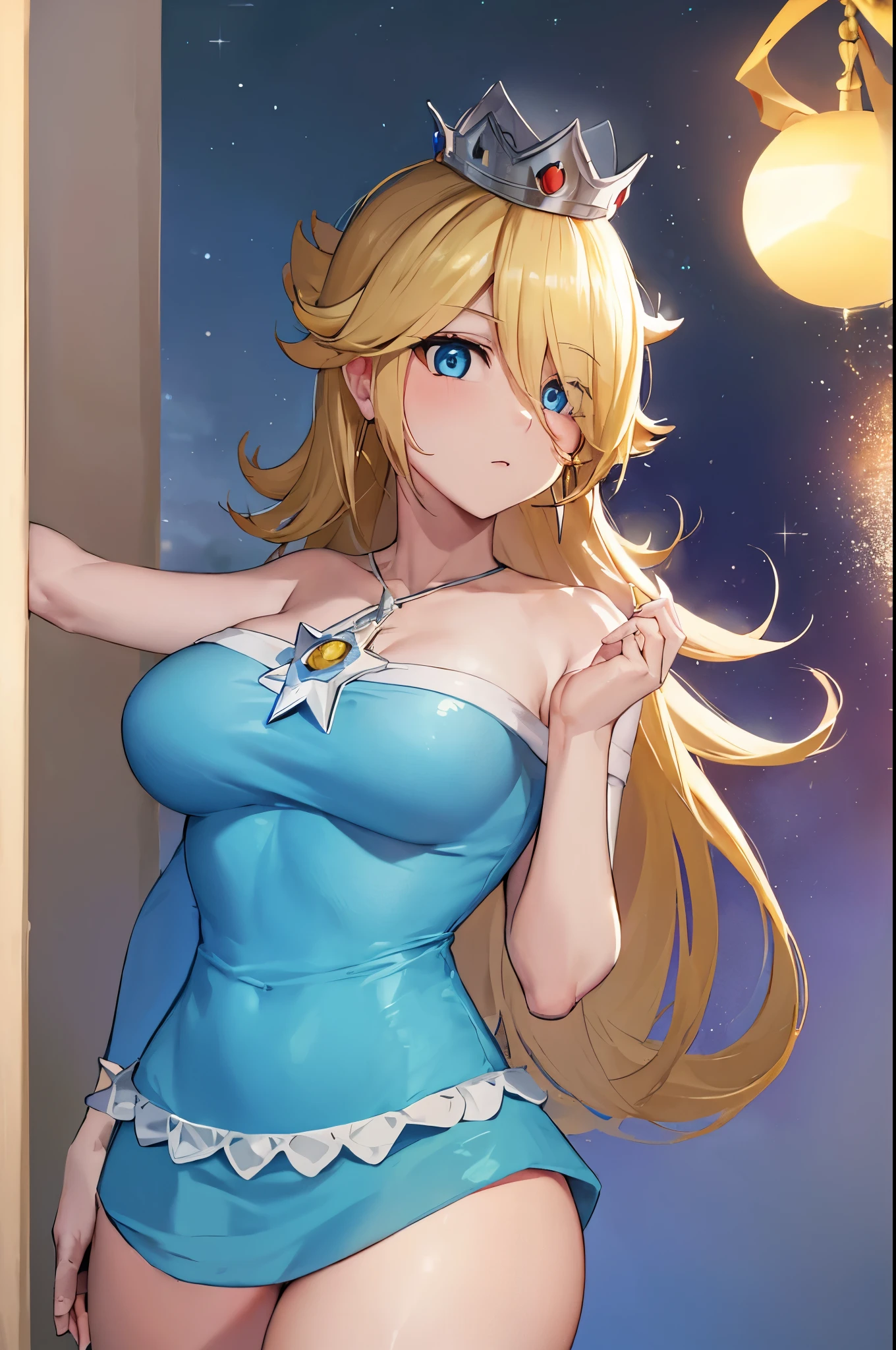 Rosalina, Rosalina, Blonde hair, blue eyes, hair over one eye, long hair, BREAK blue dress, crown, dress, earrings, jewelry, princess, cape, star earrings, BREAK night, night sky, sky, star \(sky\), star \(symbol\), space, sun, BREAK looking at the viewer, (cowboy photo: 1.5), BREAK (art: 1.2), best quality, high resolution, 8k unity wallpaper, (art: 0.8), (beautiful detailed eyes: 1.6), extremely detailed face, perfect lighting, extremely detailed CG, (perfect hands, perfect anatomy),