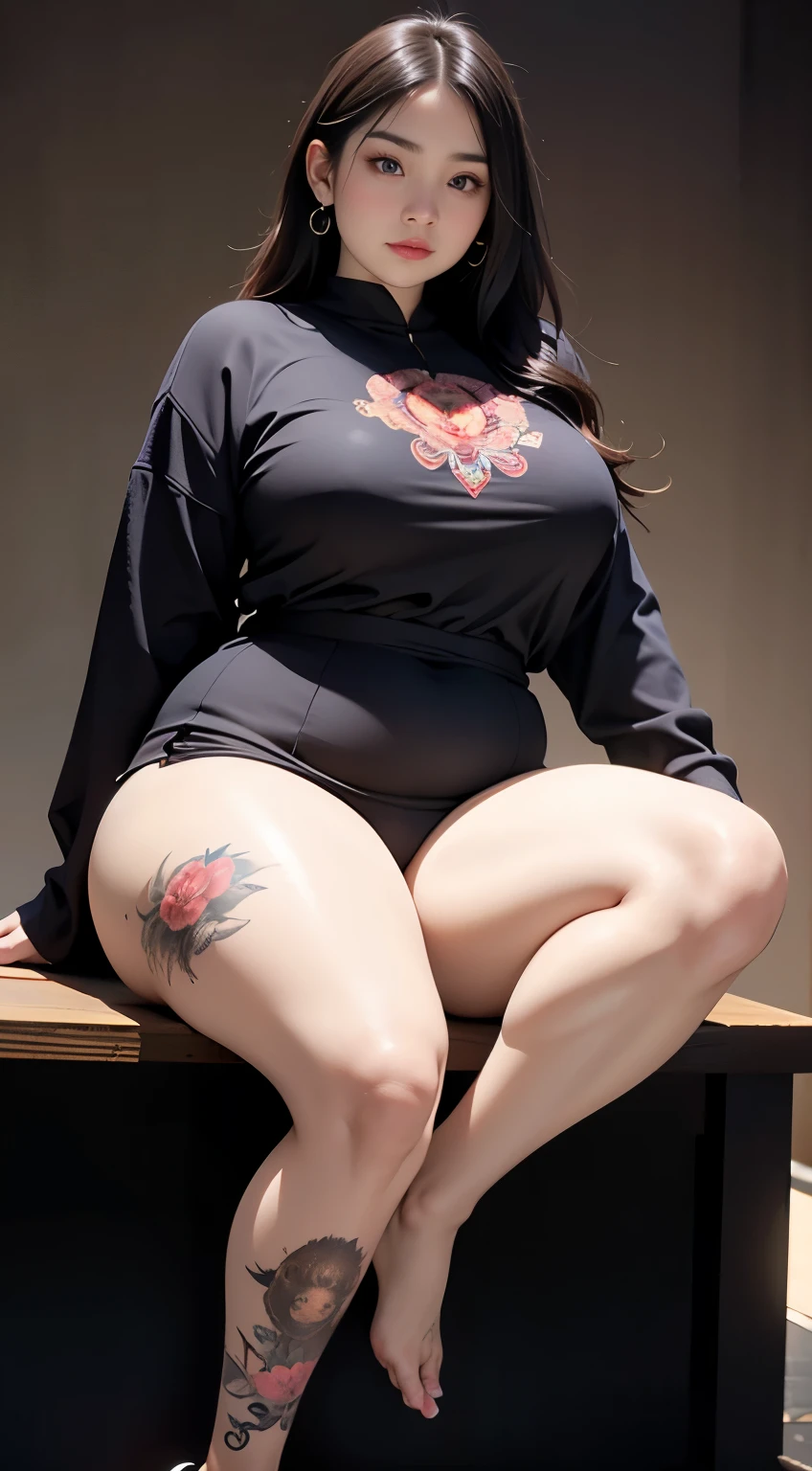 there is a woman sitting down with a longest brown hair, bbwchan, thicc, brown hijab outfit, brown hairstyle model, korean girl, korean woman, wearing brown robe, full length shot, alluring plus sized model, japanese goddess, clothed in hooded, voluptuous and arousing, portrait shot, curvy model, voluptuous body, wonderful, nene tanaka body , bbwchan, The overall atmosphere is smooth , haunting illustrations, extremely high-resolution details, photographic, realism pushed to extreme, fine texture, 4k, ultra-detailed, high quality, high contrast, red sneakers , cold atmosphere ,, cold atmosphere ,, ((Detailed texture of tattooed skin)), tattoo round breasts, irezumi tattoo style, tattoo on breasts, tttattoo, showing her thigh , tattoo on thigh, a close up of a woman with tattoos on her body, inked, tattooed body, fully tattooed body, tattooed, full-body tattoos, full - body tattoos, , full body tattoo, with tattoos, , tattoos, tattoos all over the skin, tattoos and piercings, ((Neka: 0.45)) LoRA, {{Big brother&#39;s tattooed woman Iremuzi tattoo style v1.0: 0.91}},, ((BohoAI v1.0 : 0.45))