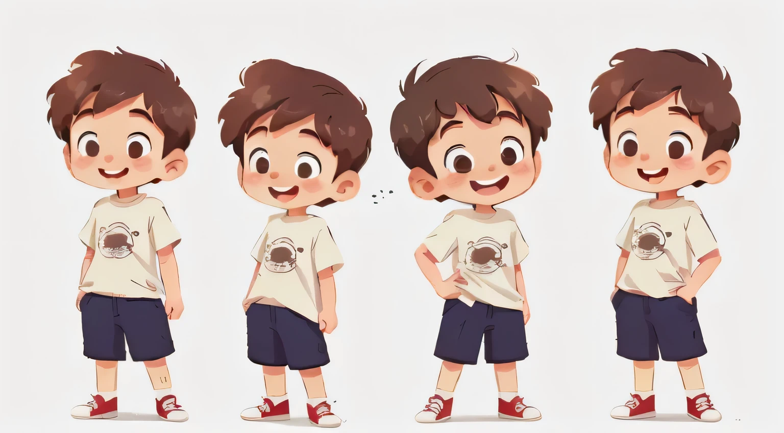 a , Jack, medium build, brown hair, Curious smile, Wear a comfortable T-shirt, sports shoes, Her hair is short and neat, A bit messy but looks cute。Hayao Miyazaki style,character table,different expressions and postures,White background