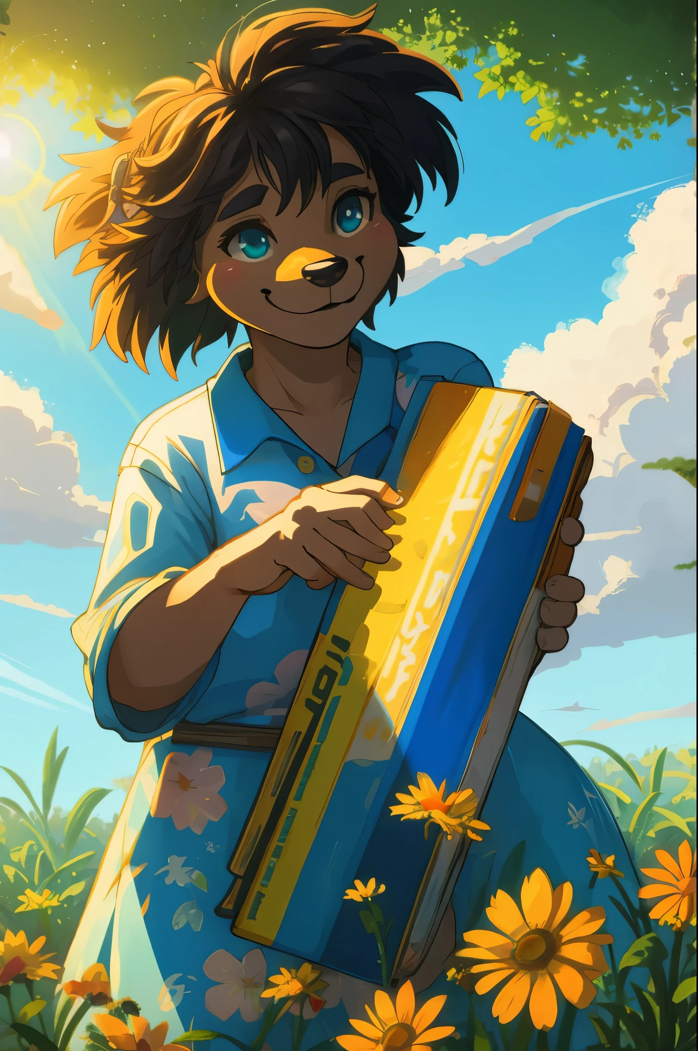 1980 VHS poster art for a Vice City inspired movie, top quality, highres, High-quality illustrations, unparalleled masterpiece(movie of life)nature inspired imagery, rendered in maya, romanticized views, lively illustrations, hyper realistic, whimsical cartoonish, farm, Blue sky, clouds, florals Beautiful garden(furry anthro, solo, girl, casual fashion, Relux pose, Smile)absurdres, perfect , caustics, cinematic lighting, lens flare, deep shadow, dynamic angle,