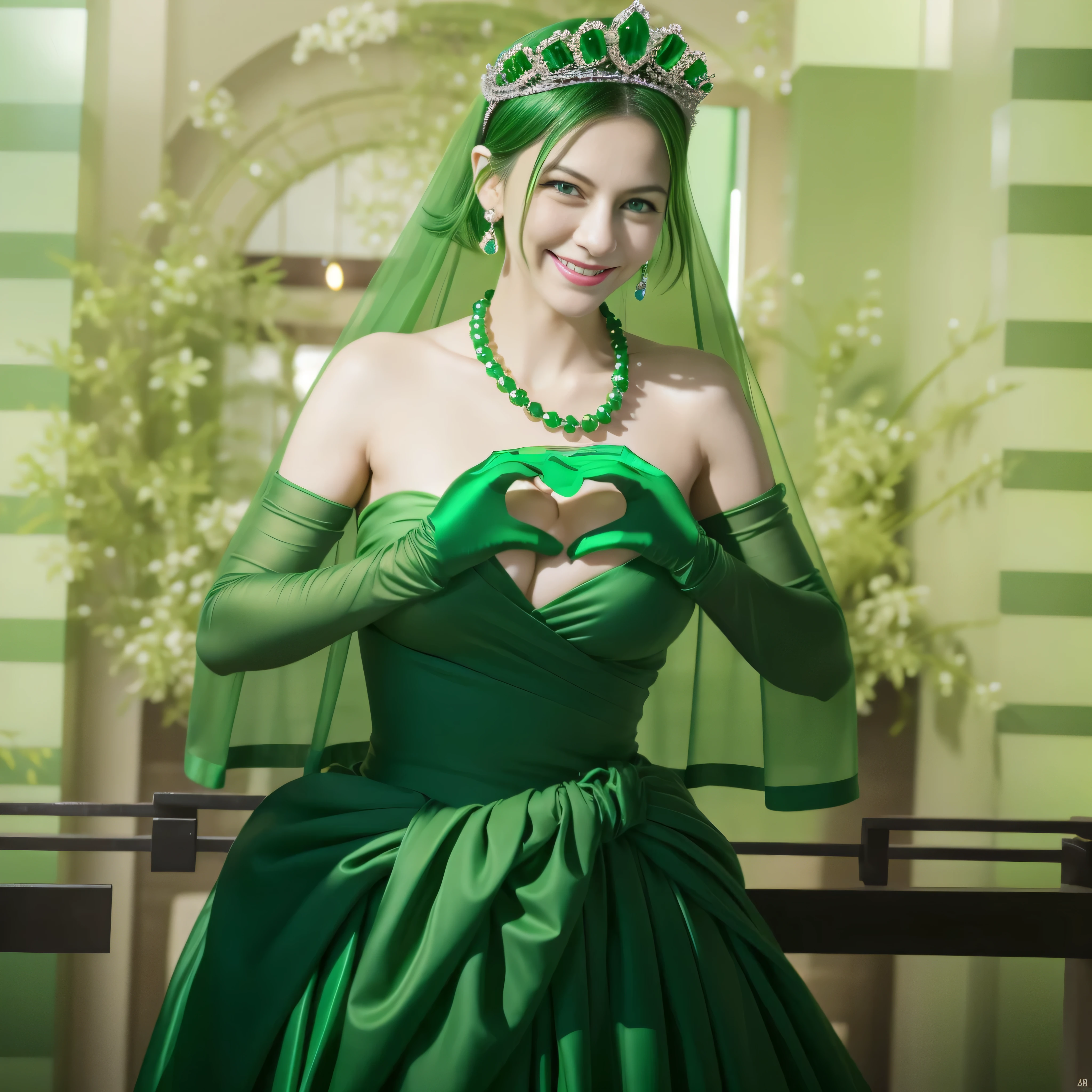 emerald tiara, Green Pearl Necklace, Boyish green berry short hair, lipstick, smiling Japanese woman, very short hair, big breasts beautiful, green eyes, green satin long gloves, green eyes, v sign, emerald earrings, Green veil, green lip gloss
