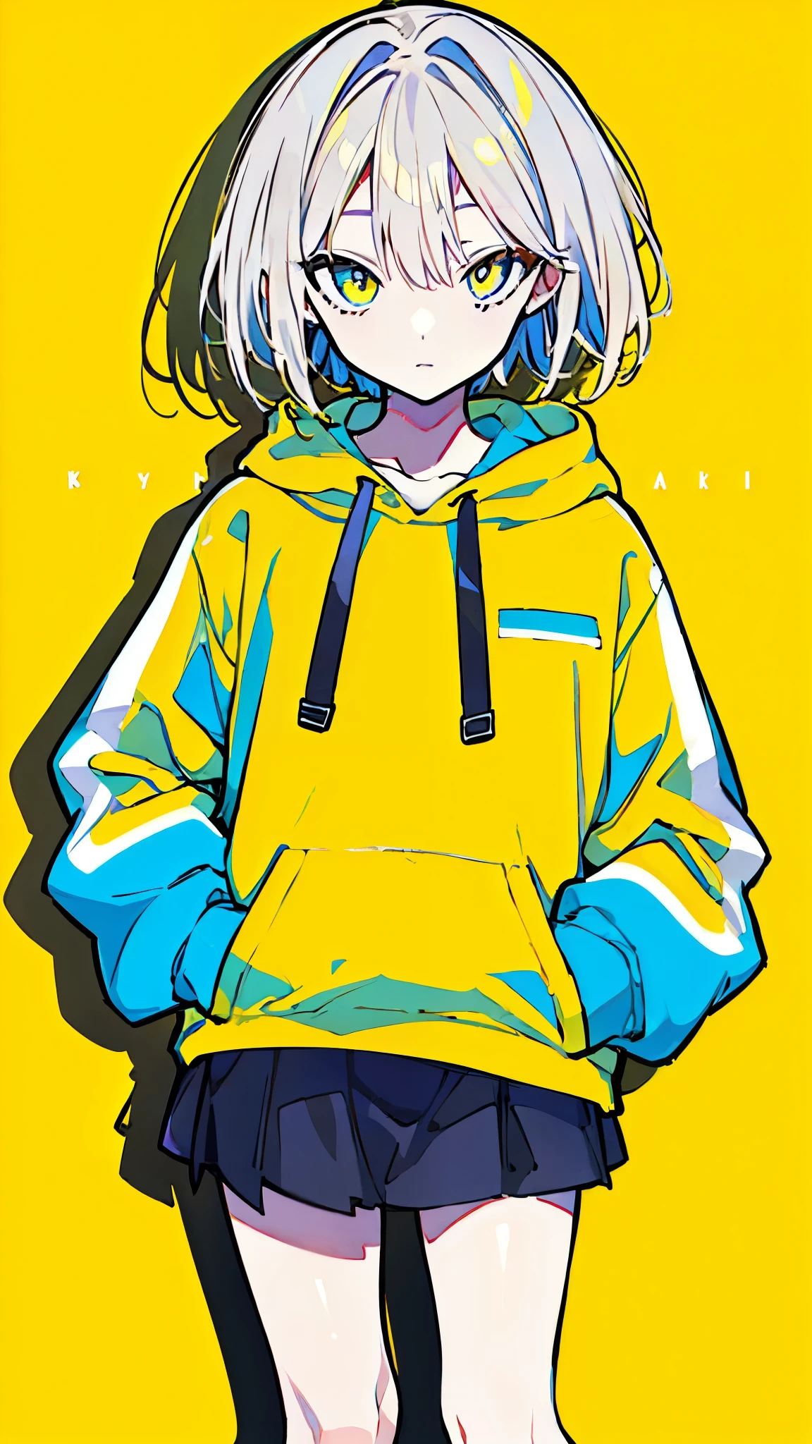 (masterpiece, highest quality:1.6), alone, thick outline, (simple background, Dark yellow background, monochrome, dark yellow theme:1.2), official art, Key Visual, 8k, confused, whole body, (unique hair, oversized hoodie, Skirts to look at, short torso:1.2), belly button, thighs, cowboy shot, HDR, sharp focus, High resolution, most detailed, very detailed, Super detailed, finely, detailed eyes and face, sharp pupils, realistic student, alone, alone, put one's hand in one's pocket