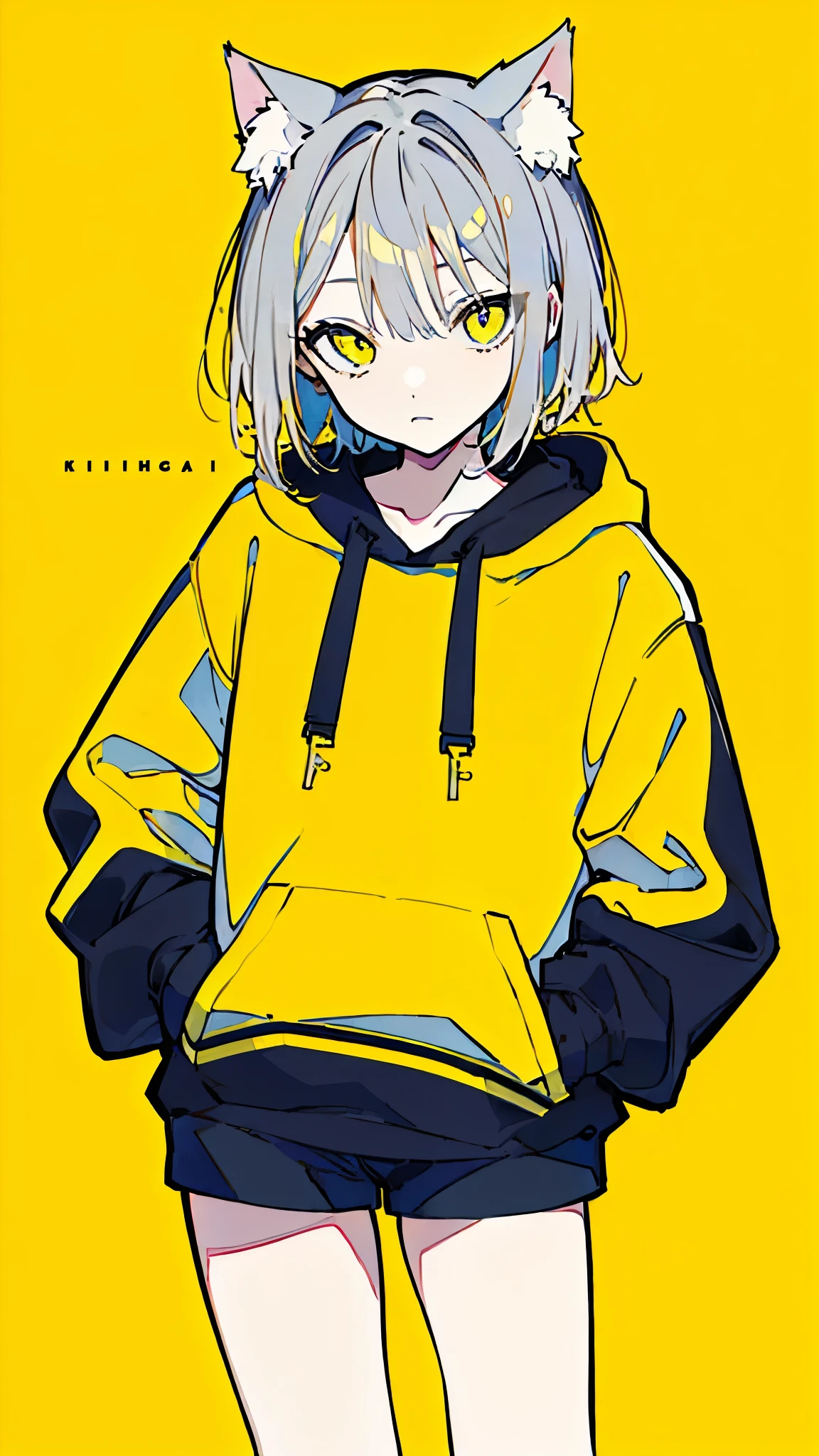 (masterpiece, highest quality:1.6), alone, thick outline, (simple background, Dark yellow background, monochrome, dark yellow theme:1.2), official art, Key Visual, 8k, confused, whole body, (unique hair, oversized hoodie, hot pants, Cat ear, short torso:1.2), belly button, thighs, cowboy shot, HDR, sharp focus, High resolution, most detailed, very detailed, Super detailed, finely, detailed eyes and face, sharp pupils, realistic student, alone, yellow and gray contrast, alone, put one's hand in one's pocket