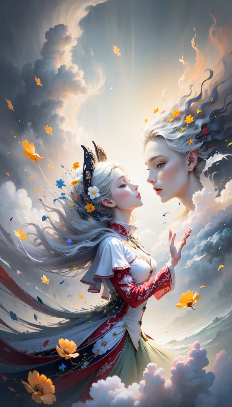(((White cloud background))), (((high saturation))), ((Surrounded by brilliant colors)))) super detailed, Beautiful and beautiful, masterpiece, best quality, (tangled, mandala, tangled, twist), (Fractal art: 1.3), 1 girl, Very detailed, dynamic angle, cowboy shooting, Chaos in its most beautiful form, elegant, brutalist design, bright colors, romanticism, Michael Mraz, Adrian Gurney, Petra Courtright, Atmospheric, ecstatic notes, Mobile phone notes are visible