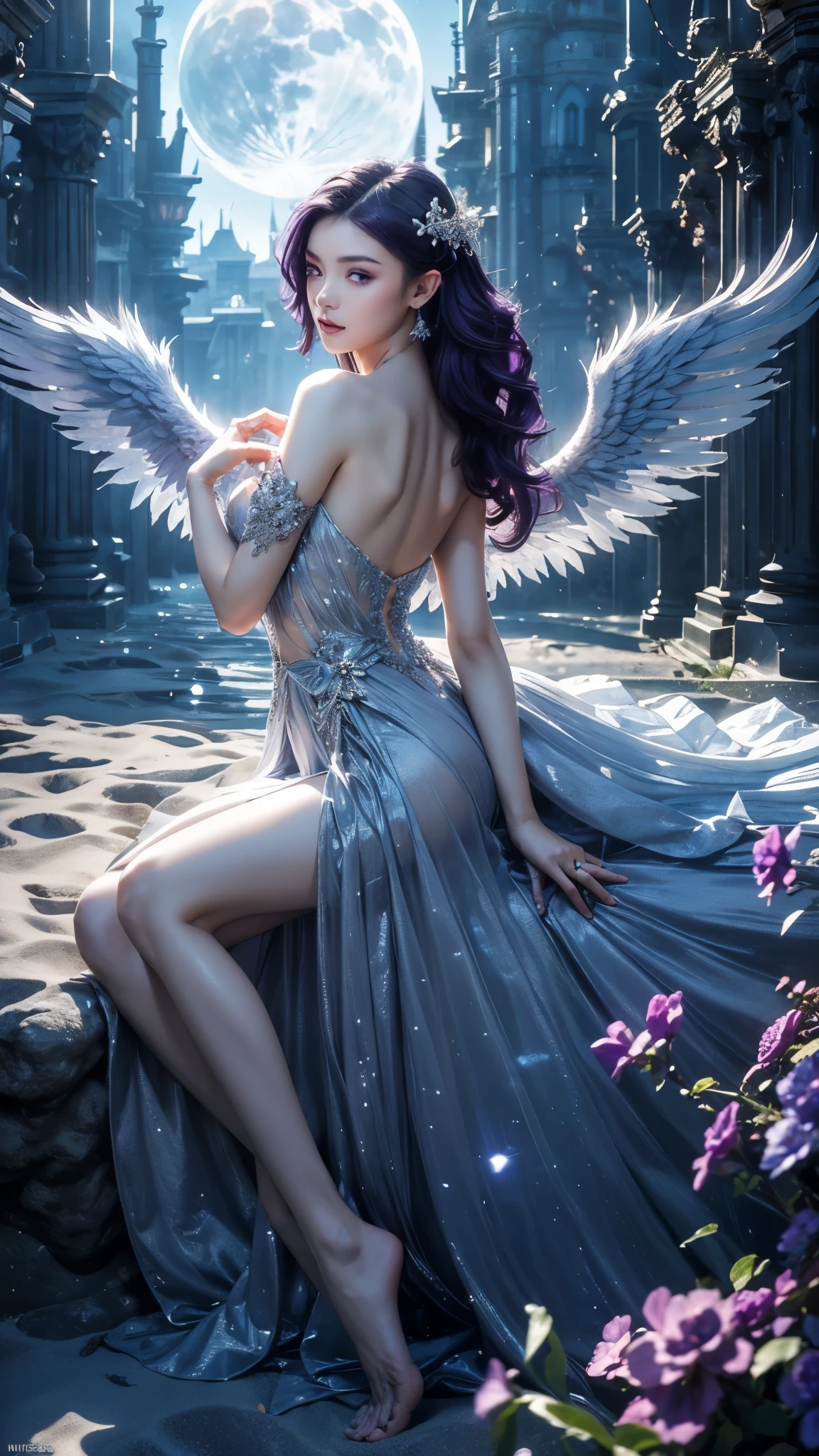 (((RAW photo , Extremely detailed, highest quality, High resolution, alone,)))
break、(contrast:1), whole body、 Viewed from directly above, Lying in a flower garden, back is on the floor、
break、 (((purple hair beach wave hairstyle ))), (((cosmetics))),big breasts,
break、white effect, white wings:1.2 , White Angel:1.2, ((night)) 、
break、Vampire Castle, detailed background,, moon、
break、antonio riva dress:1.1,Dress made of slightly see-through fabric:1.3、(very complicated:1.2), high fantasy, beautiful face, pointed ears,
break,background, monochrome, grayscale, barefoot, break、outdoors、river
