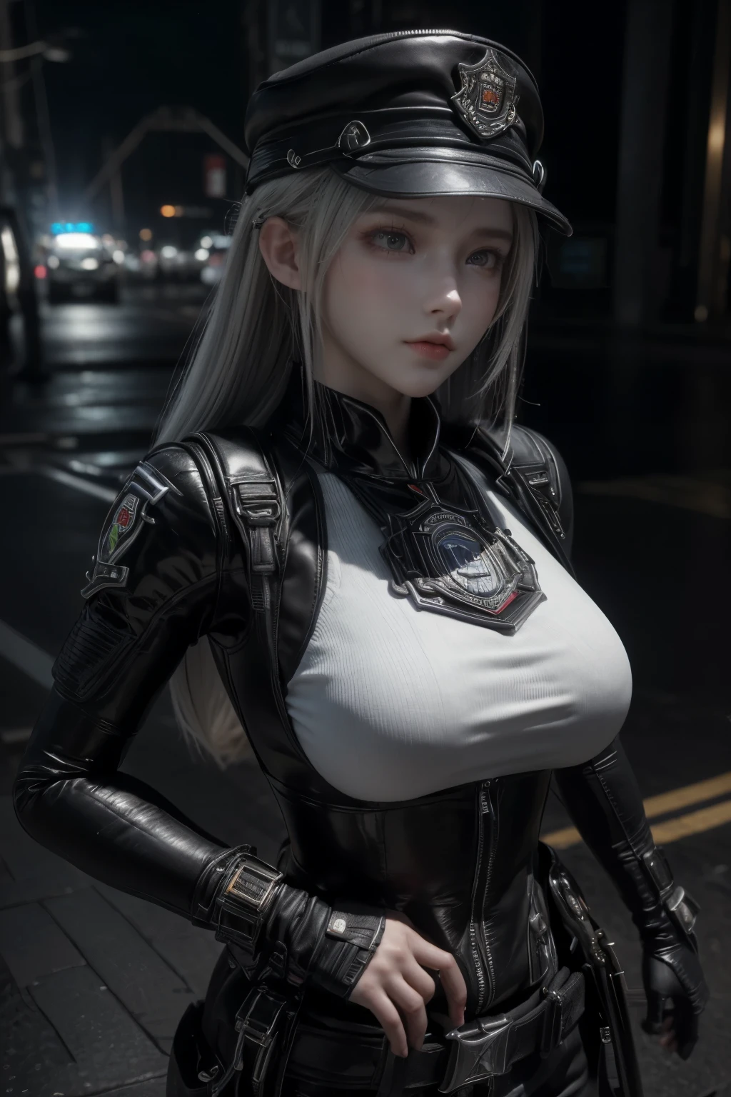 In the cyberpunk city, in the rain, bishoujo, student, long hair, white hair, heterochromia, expressionless eyes, grey eyes, huge breasts, school uniform, pleased skirt, bound legs, white knee highs, (best quality, 4k, 8k, highres, masterpiece:1.2), ultra-detailed, (realistic, photorealistic, photo-realistic:1.37), HDR, studio lighting, ultra-fine painting, sharp focus, physically-based rendering, extreme detail description, professional, vivid colors, bokeh, portraits, landscape, horror, anime, sci-fi, photography, concept artists, (blueish, cool toned) color palette, atmospheric lighting.