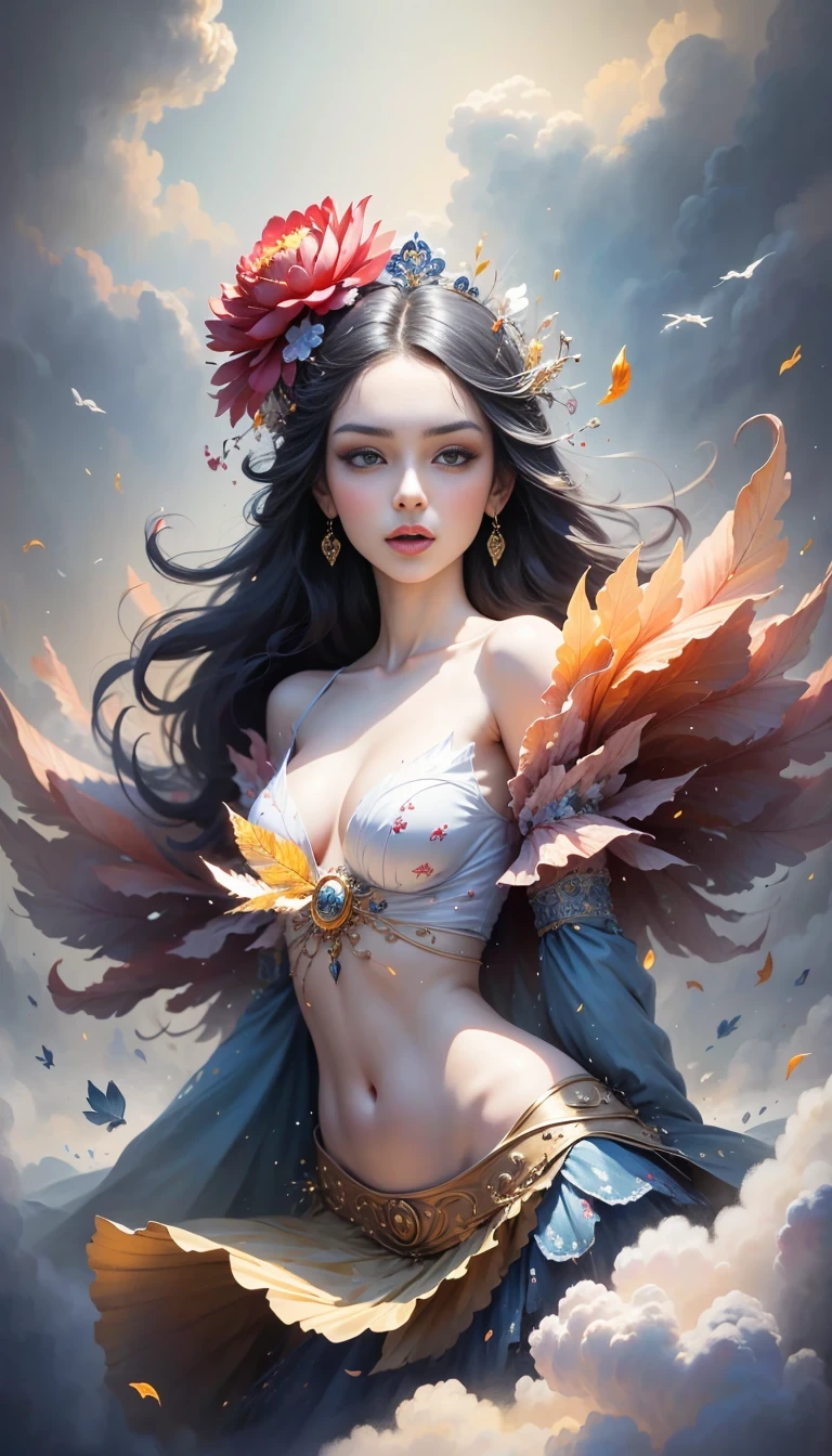 (((White cloud background))), (((high saturation))), ((Surrounded by brilliant colors)))) super detailed, Beautiful and beautiful, masterpiece, best quality, (tangled, mandala, tangled, twist), (Fractal art: 1.3), 1 girl, Very detailed, dynamic angle, cowboy shooting, Chaos in its most beautiful form, elegant, brutalist design, bright colors, romanticism, Michael Mraz, Adrian Gurney, Petra Courtright, Atmospheric, ecstatic notes, Mobile phone notes are visible