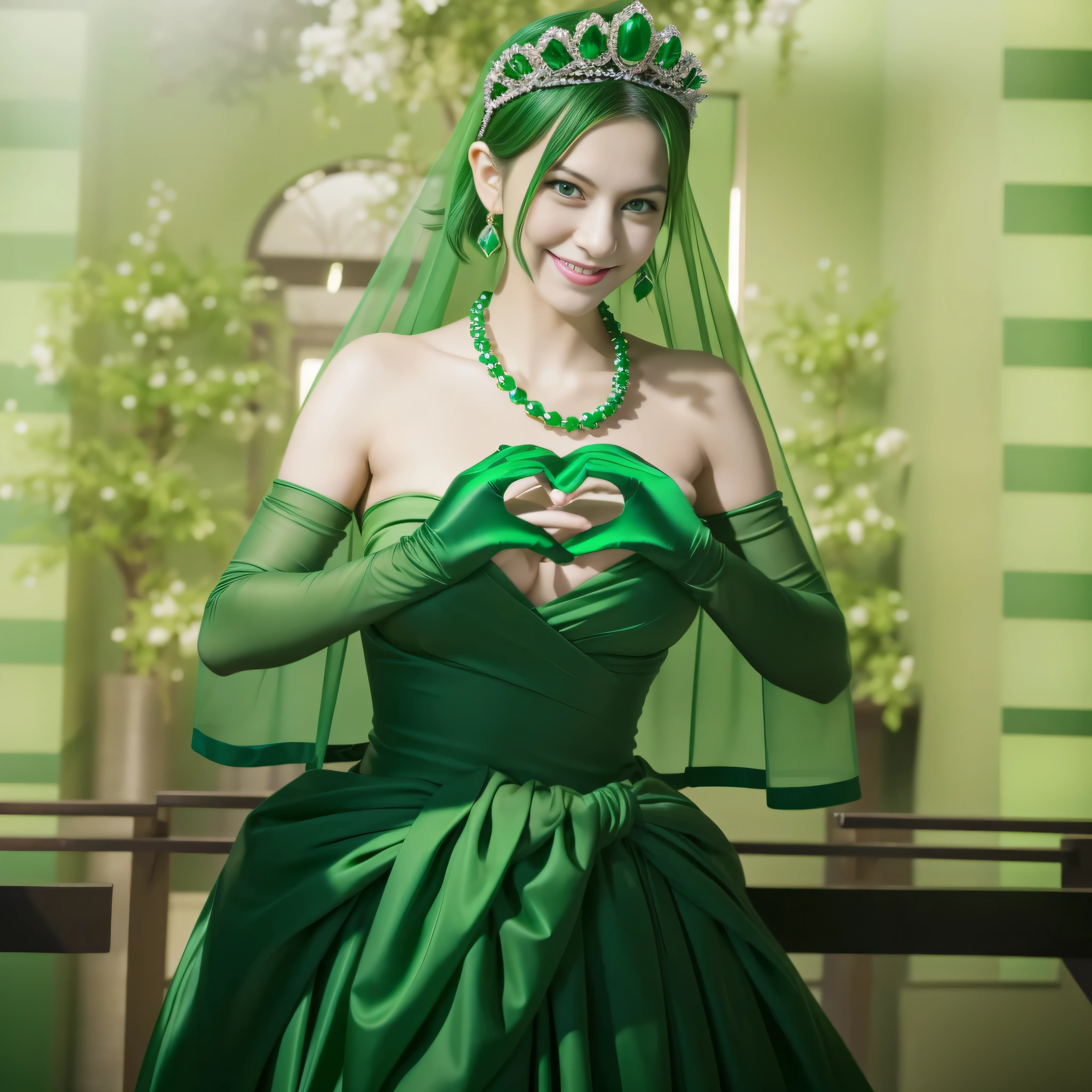 emerald tiara, Green Pearl Necklace, Boyish green berry short hair, lipstick, smiling Japanese woman, very short hair, big breasts beautiful, green eyes, green satin long gloves, green eyes, v sign, emerald earrings, Green veil, green lip gloss