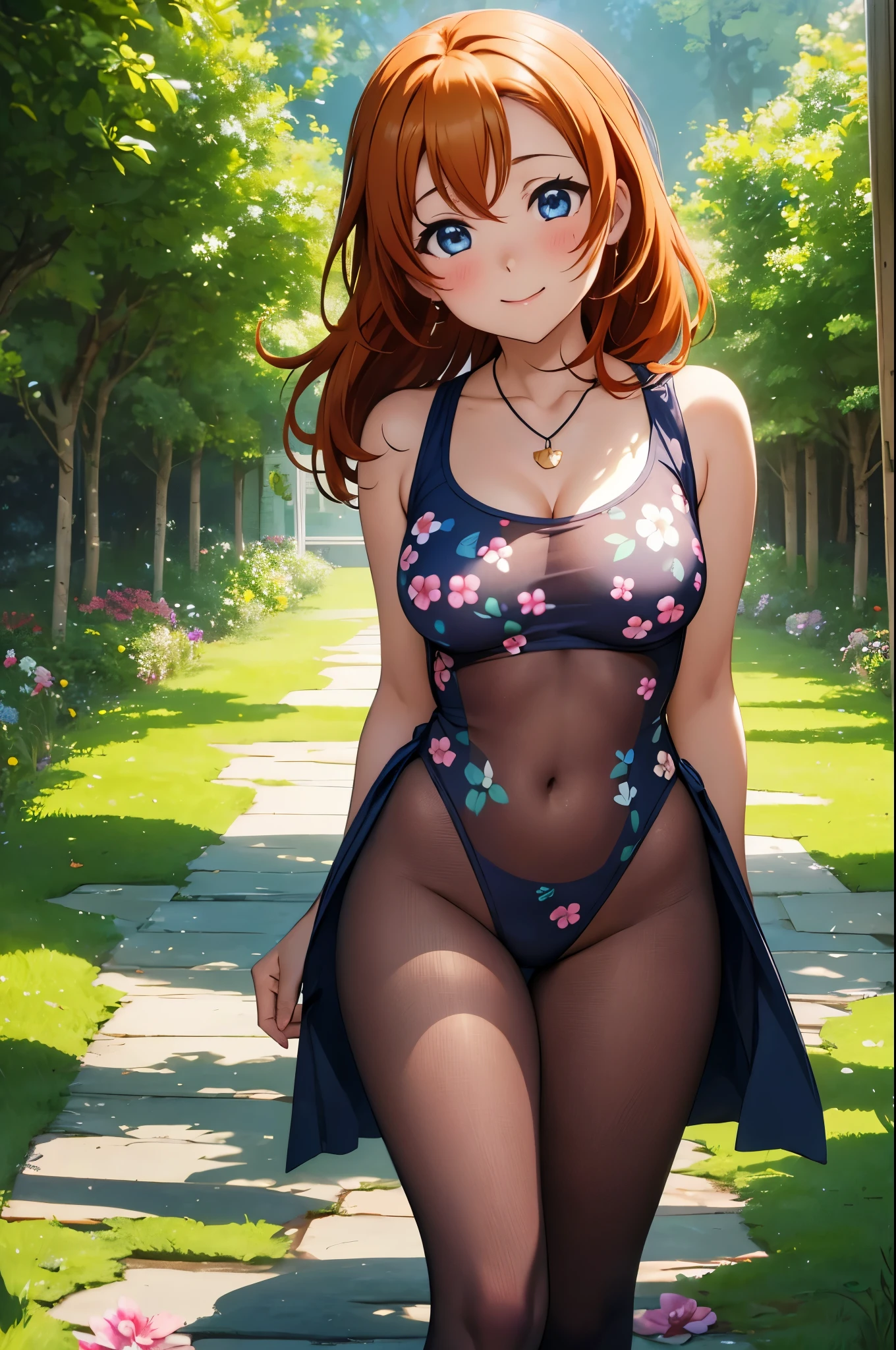 (Masterpiece, Best Quality, High Quality),(chibi),kousaka honoka, orange hair,low ponytail, blue eyes, volumetric lighting, illustration, beautiful, tight , Blushing, breasts, looking at viewer, flower print bodysuit,solo, curvy body, looking to the side, confident, seductive smile, (arms behind back, head tilt:1.1), heart pendant,perfect lighting, perfect shadows, flower, (breathtaking scenery:1.1), tree, blushing