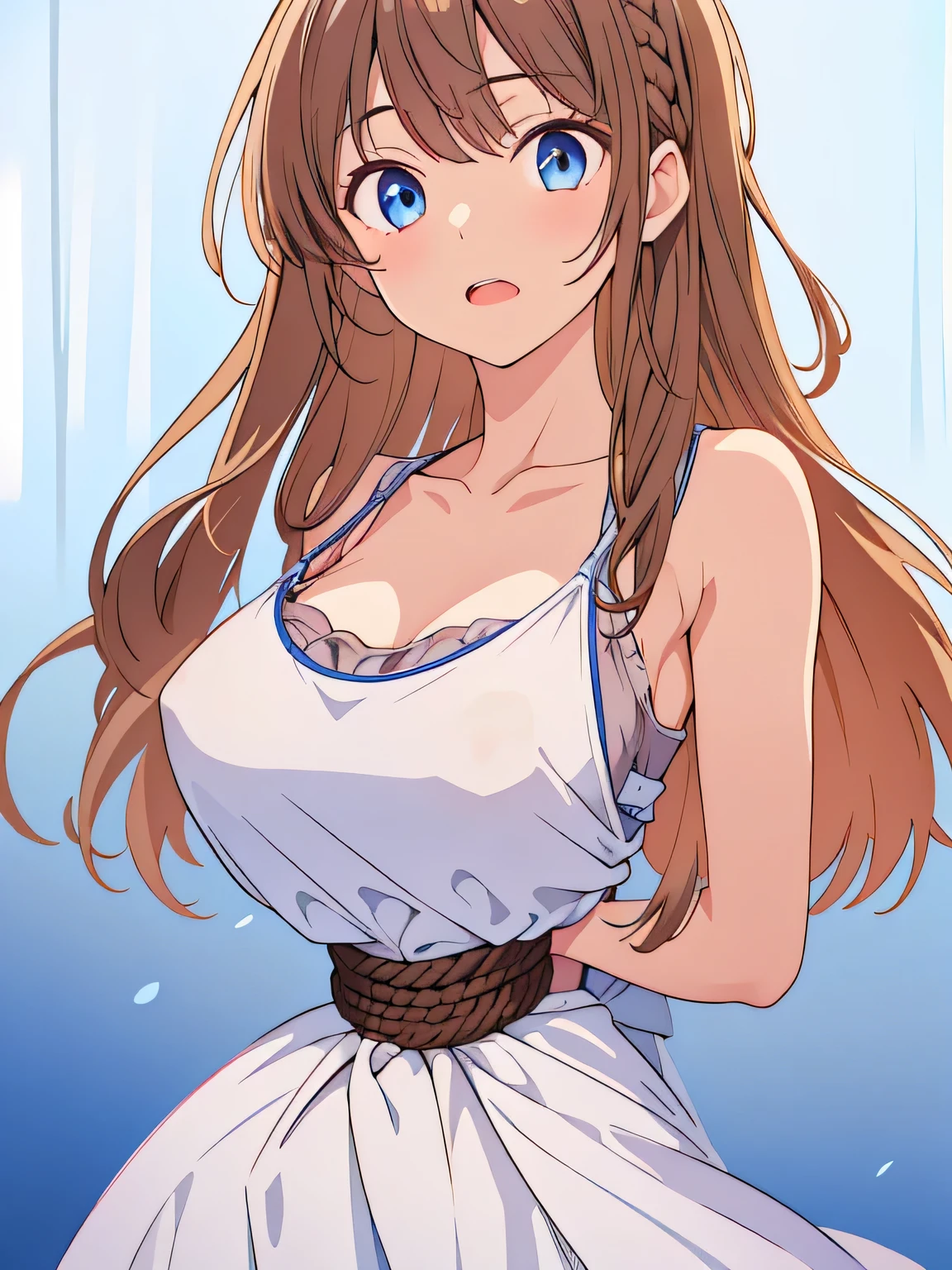 ((masterpiece)), ((highest quality)), (super detailed), torture chamber,(((Waist bound tightly with rope))),pretty girl, 1 girl, alone,white tank top one piece dress,beautiful brown hair, (beautiful blue eyes), long hair, expression of agony