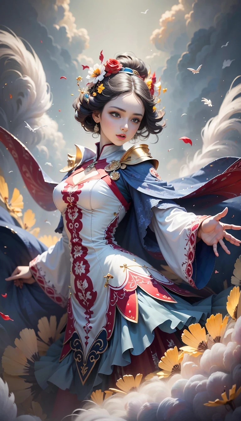 (((White cloud background))), (((high saturation))), ((Surrounded by brilliant colors)))) super detailed, Beautiful and beautiful, masterpiece, best quality, (tangled, mandala, tangled, twist), (Fractal art: 1.3), 1 girl, Very detailed, dynamic angle, cowboy shooting, Chaos in its most beautiful form, elegant, brutalist design, bright colors, romanticism, Michael Mraz, Adrian Gurney, Petra Courtright, Atmospheric, ecstatic notes, Mobile phone notes are visible