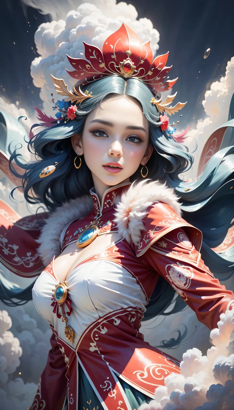 (((White cloud background))), (((high saturation))), ((Surrounded by brilliant colors)))) super detailed, Beautiful and beautiful, masterpiece, best quality, (tangled, mandala, tangled, twist), (Fractal art: 1.3), 1 girl, Very detailed, dynamic angle, cowboy shooting, Chaos in its most beautiful form, elegant, brutalist design, bright colors, romanticism, Michael Mraz, Adrian Gurney, Petra Courtright, Atmospheric, ecstatic notes, Mobile phone notes are visible