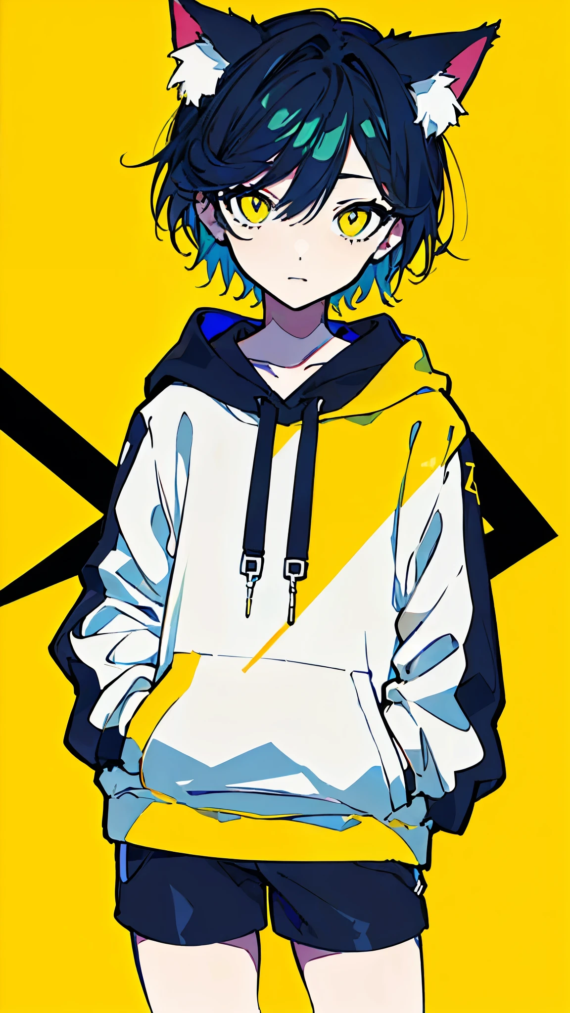 (masterpiece, highest quality:1.6), alone, thick outline, (simple background, Dark yellow background, monochrome, dark yellow theme:1.2), official art, Key Visual, 8k, confused, whole body, (unique hair, oversized hoodie, hot pants, Cat ear, short torso:1.2), belly button, thighs, cowboy shot, HDR, sharp focus, High resolution, most detailed, very detailed, Super detailed, finely, detailed eyes and face, sharp pupils, realistic student, alone, yellow and gray contrast, alone, put one&#39;s hand in one&#39;s pocket