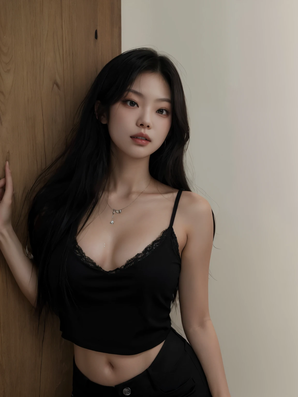jennie kim in a top preto and black pants posing, she is wearing a black blouse, cruel korean goth girl, vestindo roupa de camisola preta, Asian, Jennie Kim, vestindo uma regata preta cortada, top preto, Asian with long hair, jennie blackpink, vestindo uma blusa preta cropped, uma mulher Asian