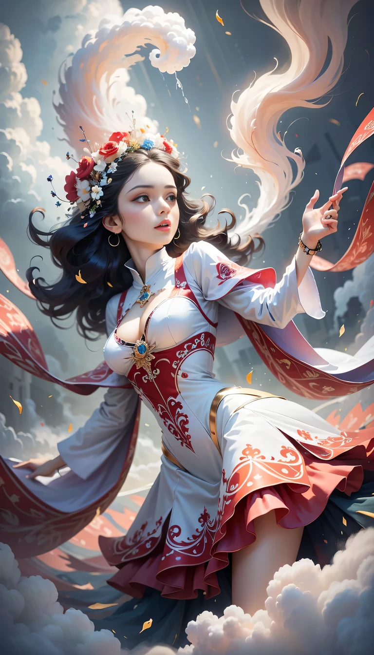 (((White cloud background))), (((high saturation))), ((Surrounded by brilliant colors)))) super detailed, Beautiful and beautiful, masterpiece, best quality, (tangled, mandala, tangled, twist), (Fractal art: 1.3), 1 girl, Very detailed, dynamic angle, cowboy shooting, Chaos in its most beautiful form, elegant, brutalist design, bright colors, romanticism, Michael Mraz, Adrian Gurney, Petra Courtright, Atmospheric, ecstatic notes, Mobile phone notes are visible
