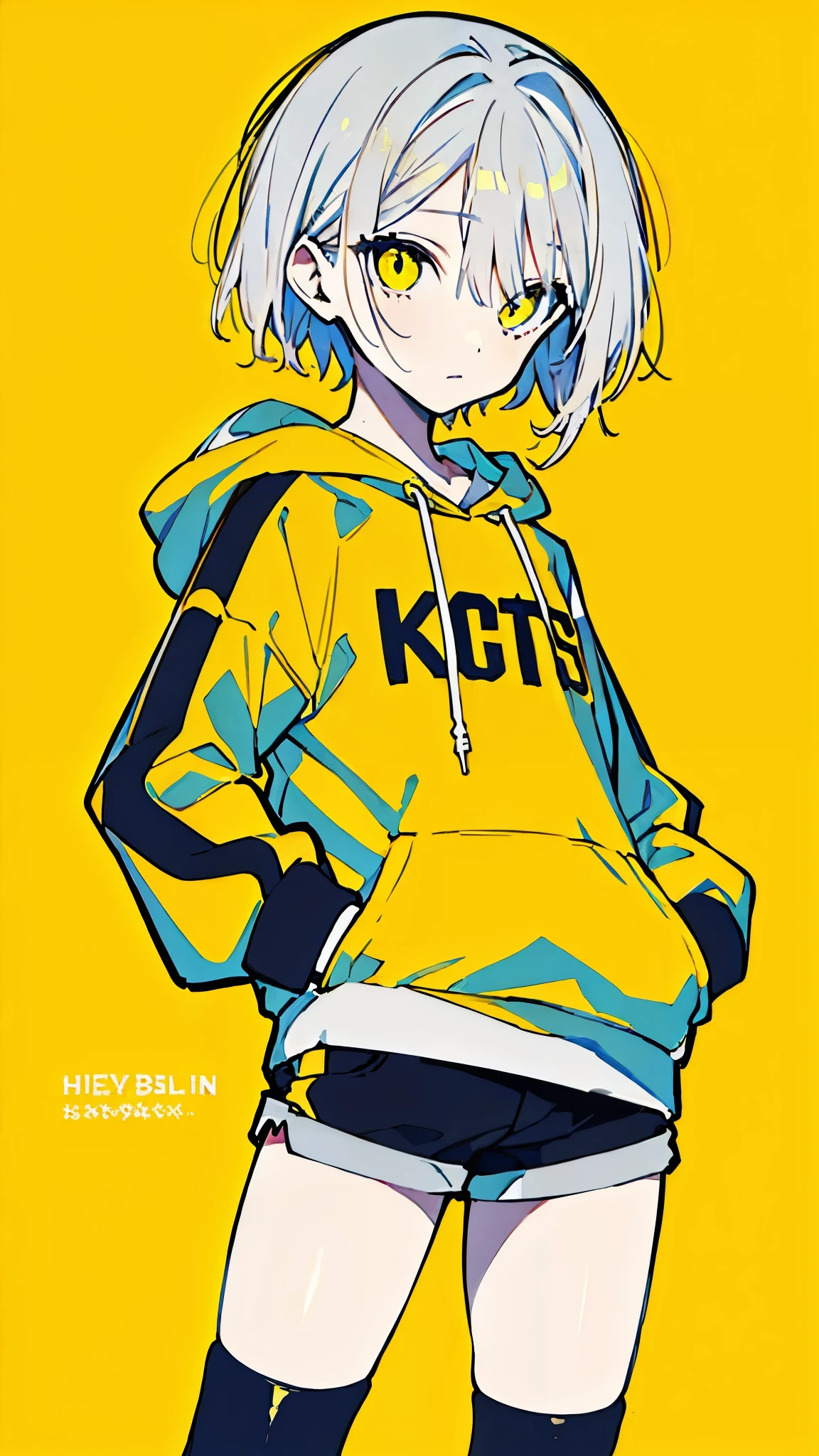 (masterpiece, highest quality:1.6), alone, thick outline, (simple background, Dark yellow background, monochrome, dark yellow theme:1.2), official art, Key Visual, 8k, confused, whole body, (unique hair, oversized hoodie, hot pants, arch back, short torso:1.2), belly button, thighs, cowboy shot, HDR, sharp focus, High resolution, most detailed, very detailed, Super detailed, finely, detailed eyes and face, sharp pupils, realistic student, alone, yellow and gray contrast, alone, put one&#39;s hand in one&#39;s pocket