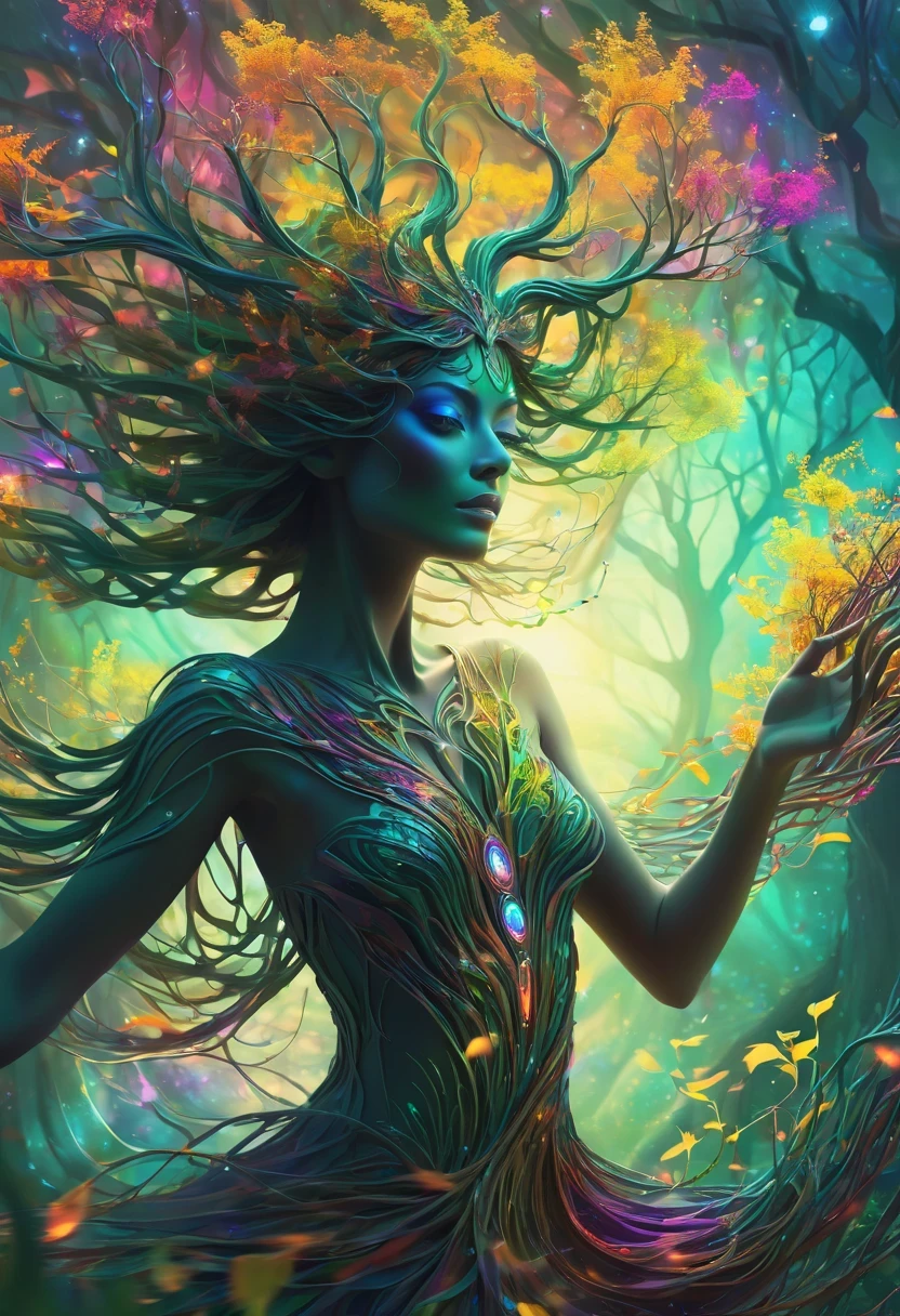 high resolution, Psychedelic style tree woman, bright colors, glowing eyes, flowing branches, ethereal atmosphere, surreal landscape, intricate details, Leaves and flowers dance in the wind, magical aura, wisps of light and color around the tree man, beautiful landscape, Mysterious and fascinating existence, otherworldly beauty, Calm and peaceful expression, art inspired by nature, Surrealist elements, Myth and fantasy imagery.