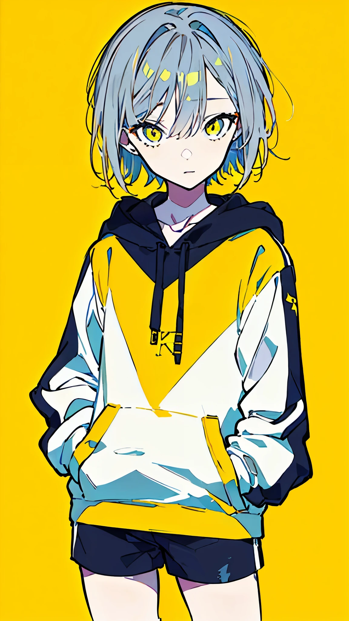 (masterpiece, highest quality:1.6), alone, thick outline, (simple background, Dark yellow background, monochrome, dark yellow theme:1.2), official art, Key Visual, 8k, confused, whole body, (unique hair, oversized hoodie, hot pants, short torso:1.2), belly button, thighs, cowboy shot, HDR, sharp focus, High resolution, most detailed, very detailed, Super detailed, finely, detailed eyes and face, sharp pupils, realistic student, alone, alone, put one's hand in one's pocket