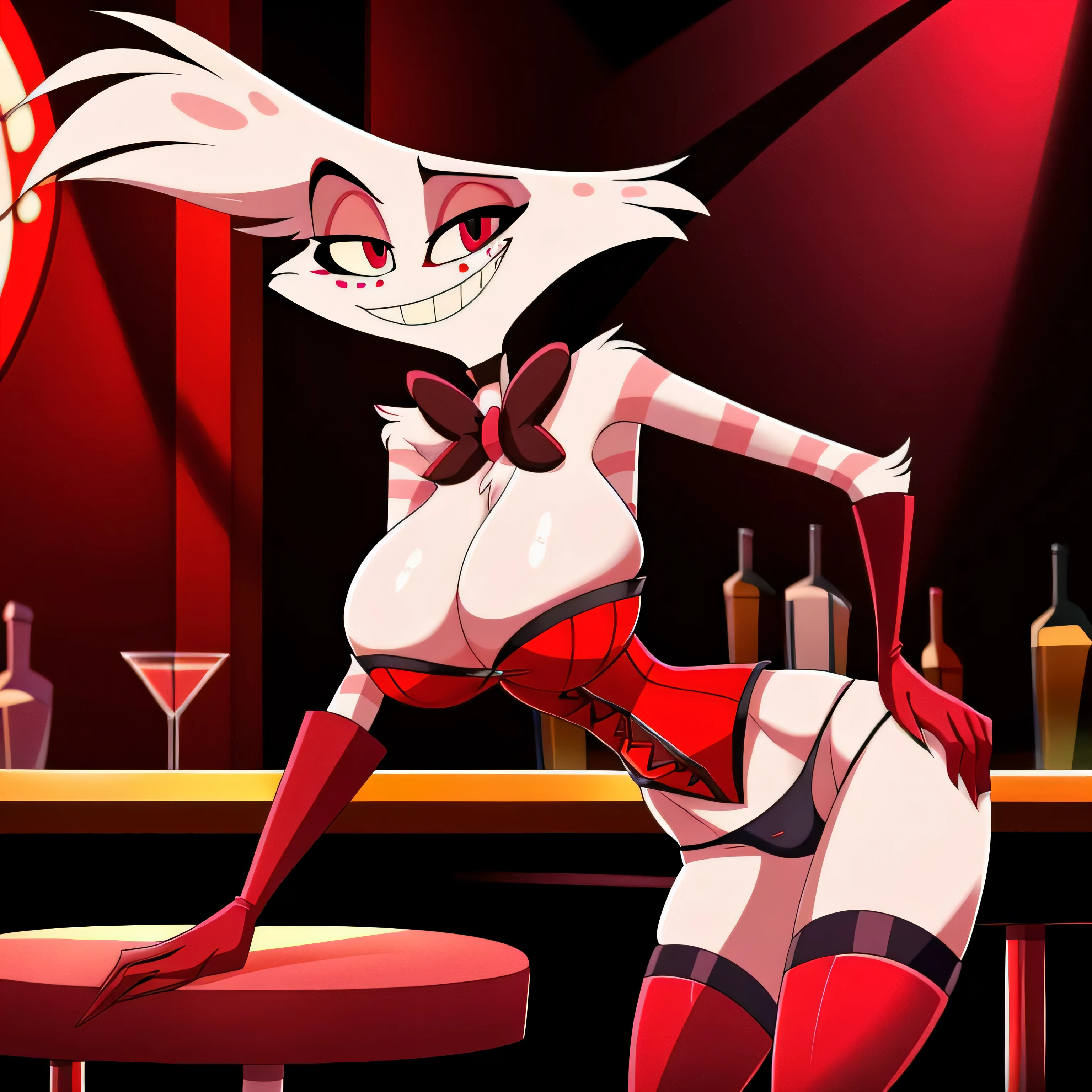 Angel Dust Hazbin Hotel,  female, corset, panties, gloves, thighhigh boots, bowtie, huge breasts, huge hips, highly detailed, hi res, high resolution, at bar, red theme, looking at viewer, smile, thick, ((half length portrait)), leaning forward