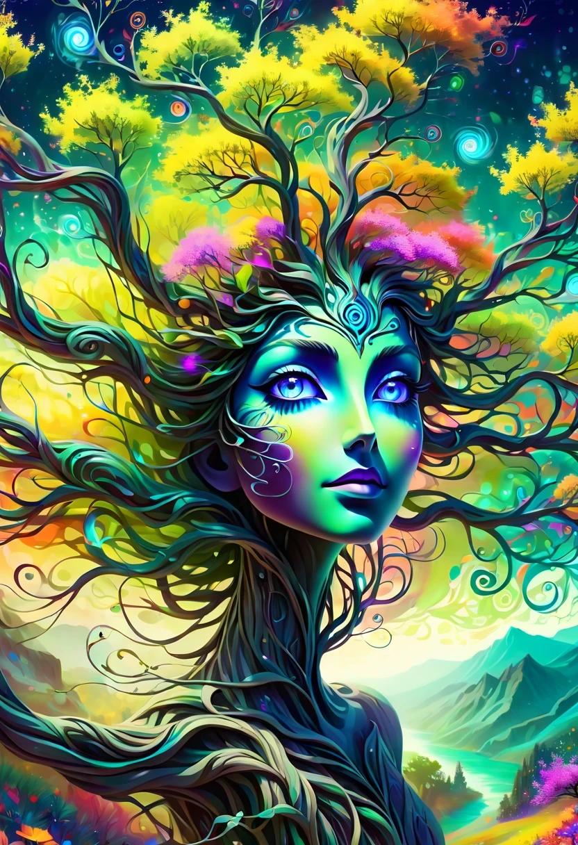 high resolution, Psychedelic style tree woman, bright colors, glowing eyes, flowing branches, ethereal atmosphere, surreal landscape, intricate details, Leaves and flowers dance in the wind, magical aura, wisps of light and color around the tree man, beautiful landscape, Mysterious and fascinating existence, otherworldly beauty, Calm and peaceful expression, art inspired by nature, Surrealist elements, Myth and fantasy imagery.