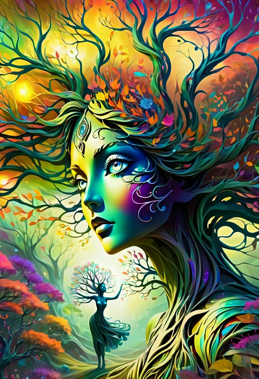 high resolution, Psychedelic style tree woman, bright colors, glowing eyes, flowing branches, ethereal atmosphere, surreal landscape, intricate details, Leaves and flowers dance in the wind, magical aura, wisps of light and color around the tree man, beautiful landscape, Mysterious and fascinating existence, otherworldly beauty, Calm and peaceful expression, art inspired by nature, Surrealist elements, Myth and fantasy imagery.