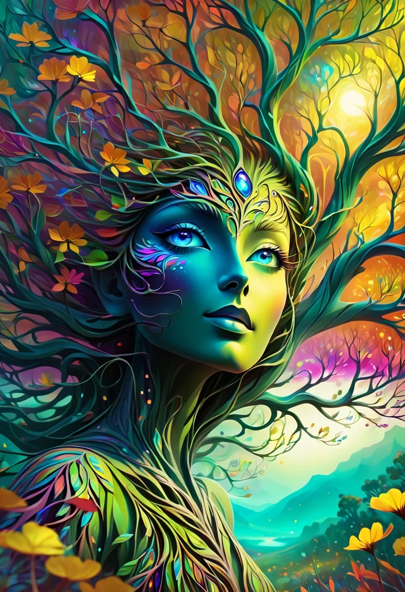high resolution, Psychedelic style tree woman, bright colors, glowing eyes, flowing branches, ethereal atmosphere, surreal landscape, intricate details, Leaves and flowers dance in the wind, magical aura, wisps of light and color around the tree man, beautiful landscape, Mysterious and fascinating existence, otherworldly beauty, Calm and peaceful expression, art inspired by nature, Surrealist elements, Myth and fantasy imagery.