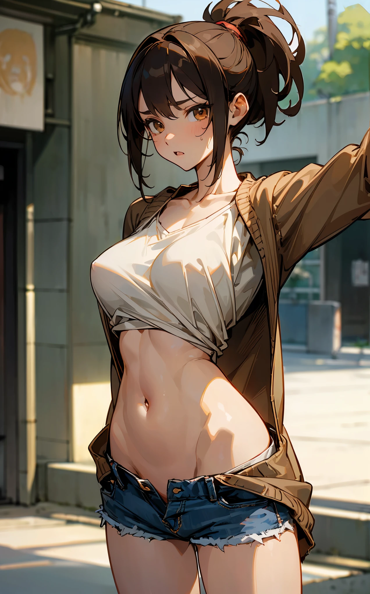 (((Masterpiece))), (((Best Quality))),Ultra High Resolution, Caustics, Detailed, ((Beautiful Detailed Eyes)),Perfect Anatomy,nsfw, solo,shoot from front,cowboy shot,turn toward the viewer、20 year old beauty,slender body,toned body,oily skin, gleaming skin,shiny skin,medium breasts,brown eyes,surprised expression、scared look,tearful,(ponytail),medium hair,brown hair,standing, (denim micro shorts,lowrise,whiteTShirt, Navel Ejection,brown cardigan),clavicle、bustling street、congestion、A large number of passers-by、Tokyo