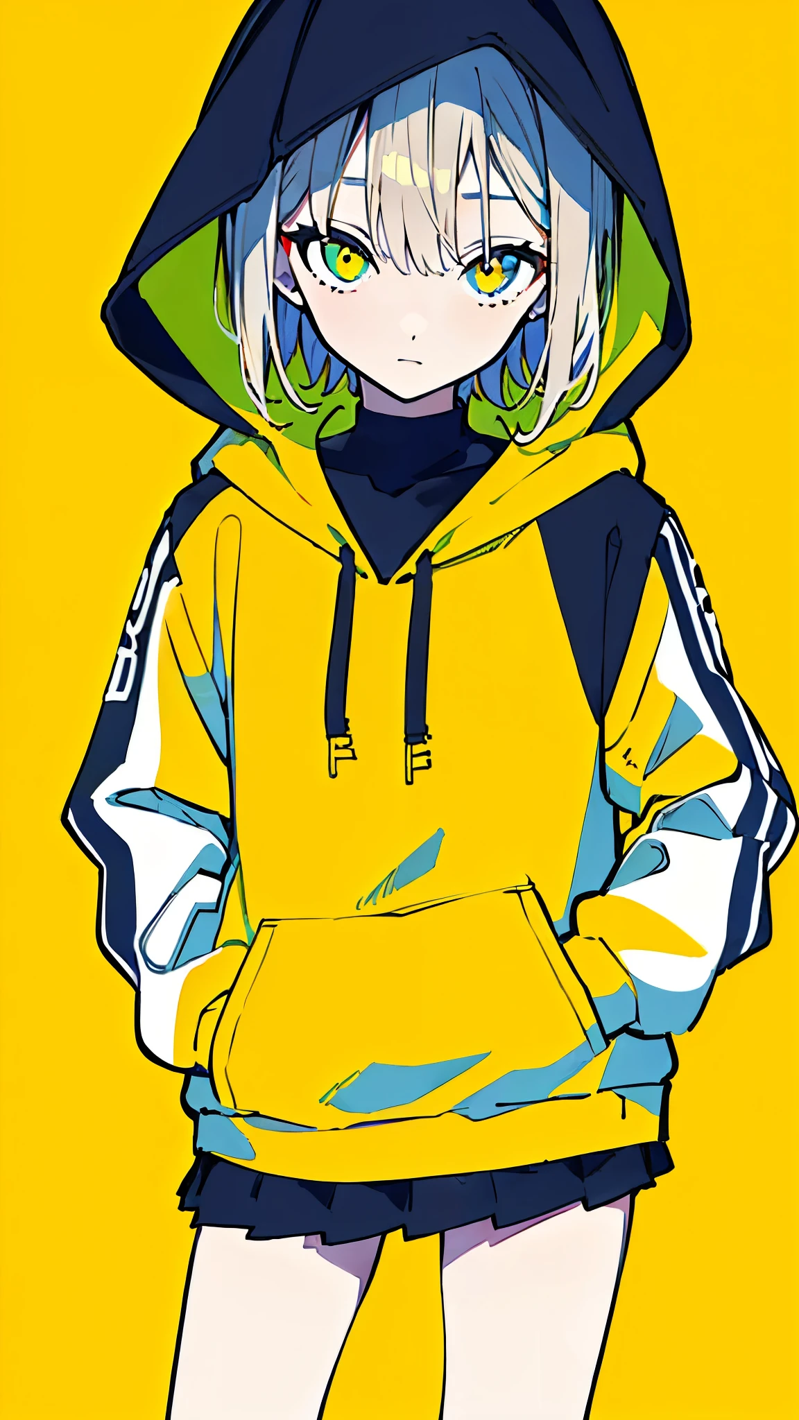 (masterpiece, highest quality:1.6), alone, thick outline, (simple background, Dark yellow background, monochrome, dark yellow theme:1.2), official art, Key Visual, 8k, confused, whole body, (unique hair, oversized hoodie, mini skirt, short torso:1.2), belly button, thighs, cowboy shot, HDR, sharp focus, High resolution, most detailed, very detailed, Super detailed, finely, detailed eyes and face, sharp pupils, realistic student, alone, alone, put one's hand in one's pocket
