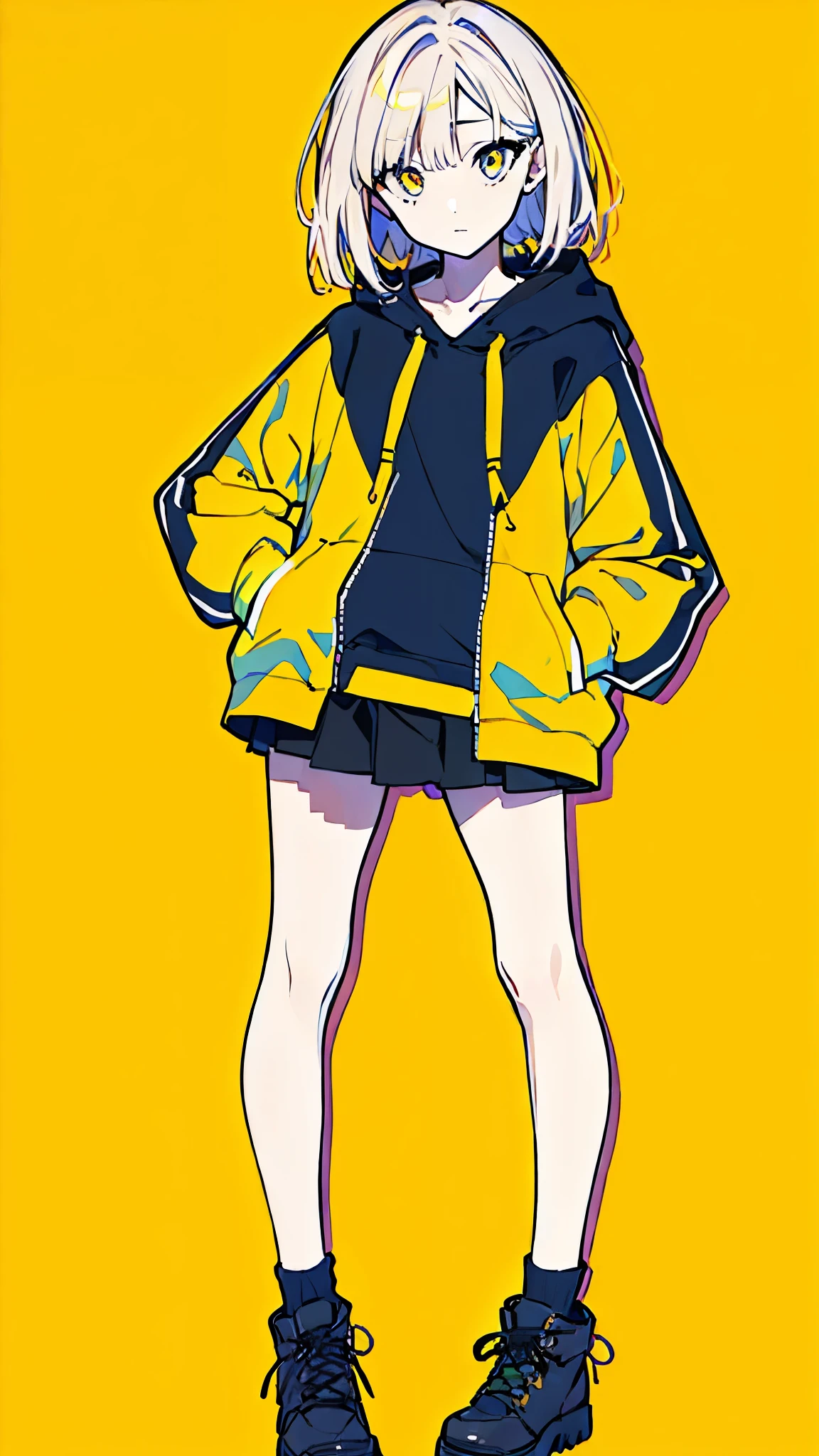 (masterpiece, highest quality:1.6), alone, thick outline, (simple background, Dark yellow background, monochrome, dark yellow theme:1.2), official art, Key Visual, 8k, confused, whole body, (unique hair, oversized hoodie, Tight Skirt, short torso:1.2), belly button, thighs, cowboy shot, HDR, sharp focus, High resolution, most detailed, very detailed, Super detailed, finely, detailed eyes and face, sharp pupils, realistic student, alone, alone, put one&#39;s hand in one&#39;s pocket