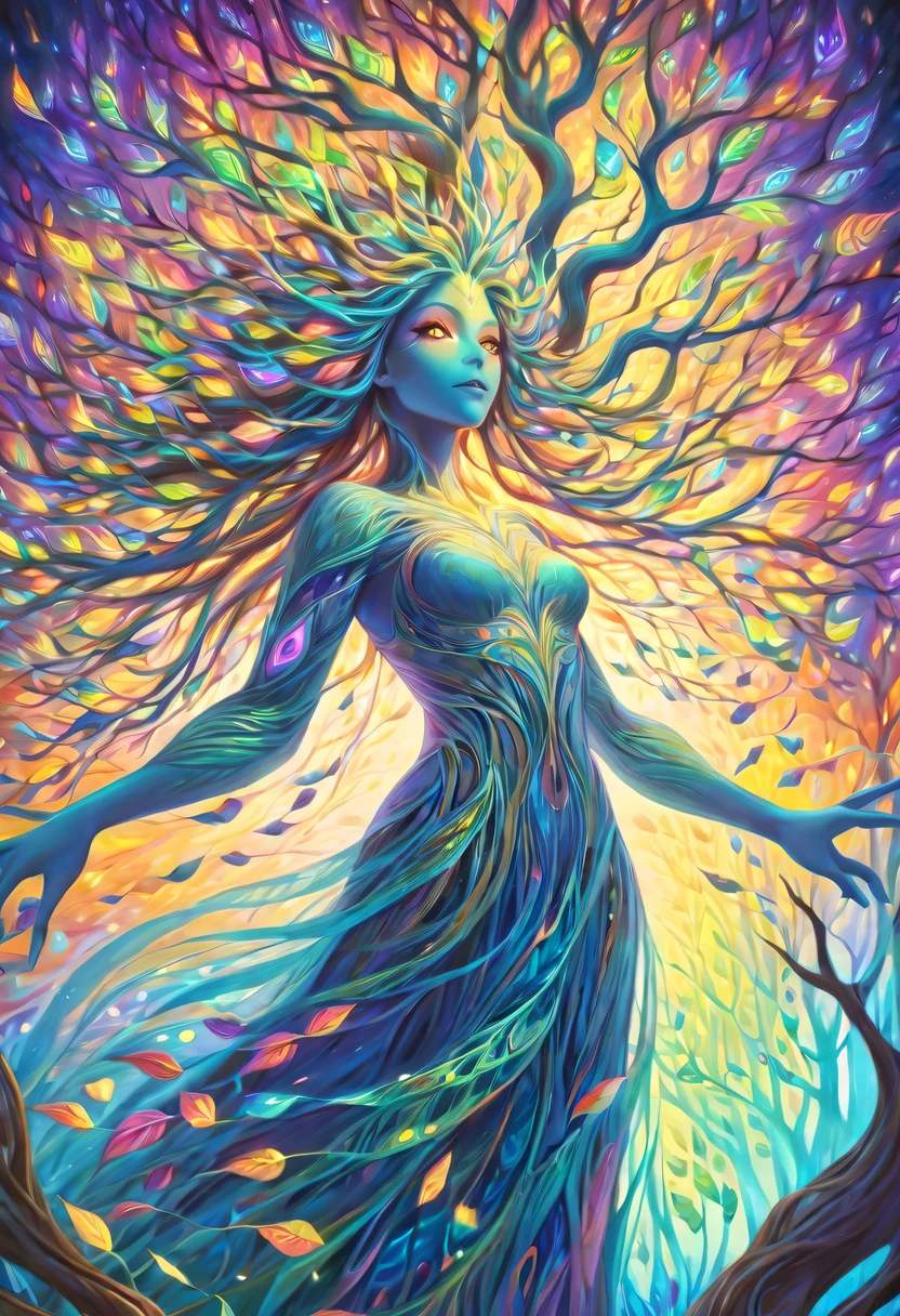 high resolution, Psychedelic style tree woman, bright colors, glowing eyes, flowing branches, ethereal atmosphere, surreal landscape, intricate details, Leaves and flowers dance in the wind, magical aura, wisps of light and color around the tree man, beautiful landscape, Mysterious and fascinating existence, otherworldly beauty, Calm and peaceful expression, art inspired by nature, Surrealist elements, Myth and fantasy imagery.