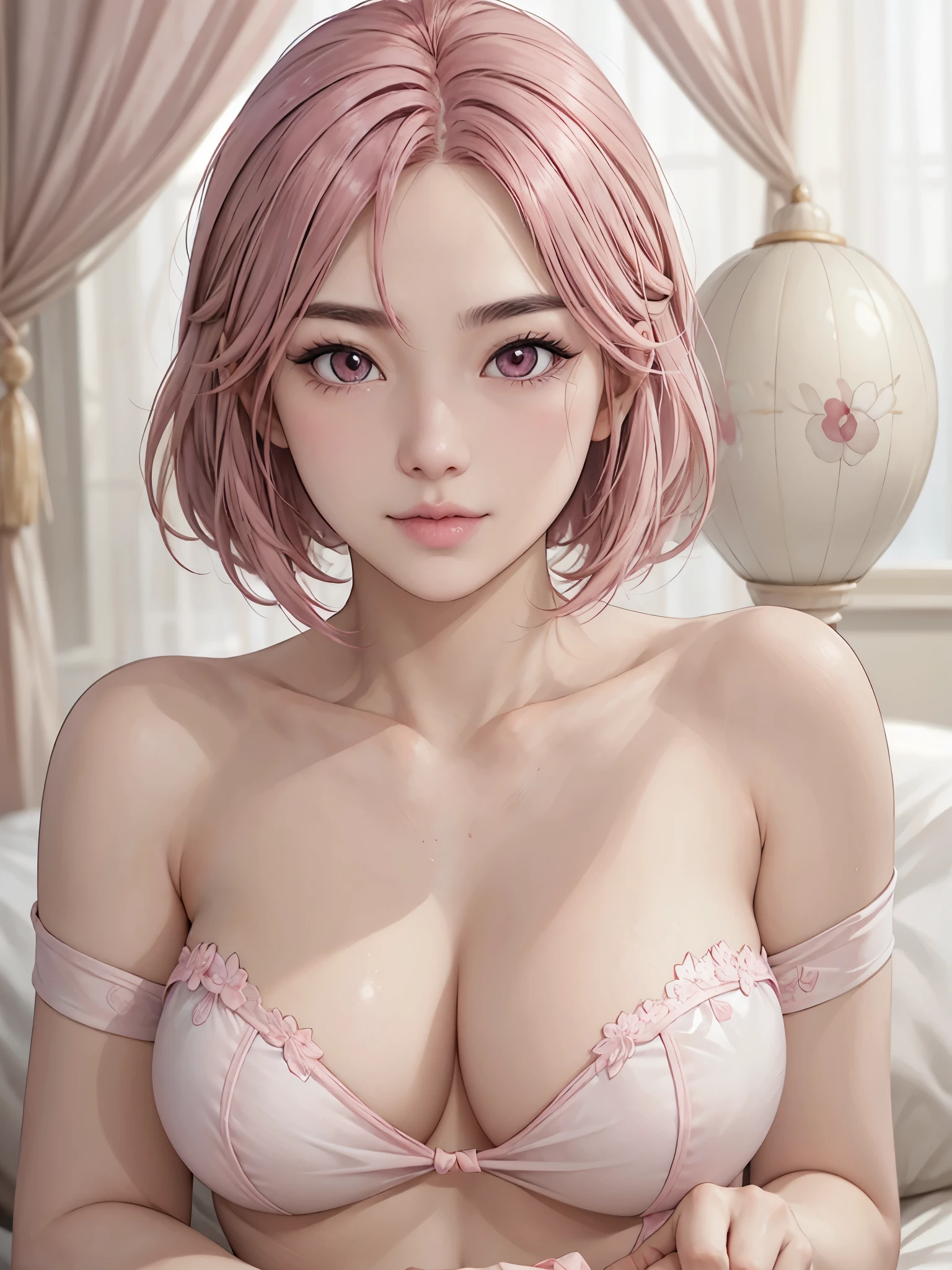 A kind and beautiful Chinese woman, delicate and sexy clavicle, charming goose egg face, double eyelid, Smart peach blossom eyes, pink lips, small upturned nose, bare shoulders, concentrated face, close up of face, ultra hd, Super detailed, full body photo, Ultra-thin transparency, The optimal proportions for pink hair are 4 fingers and 1 thumb