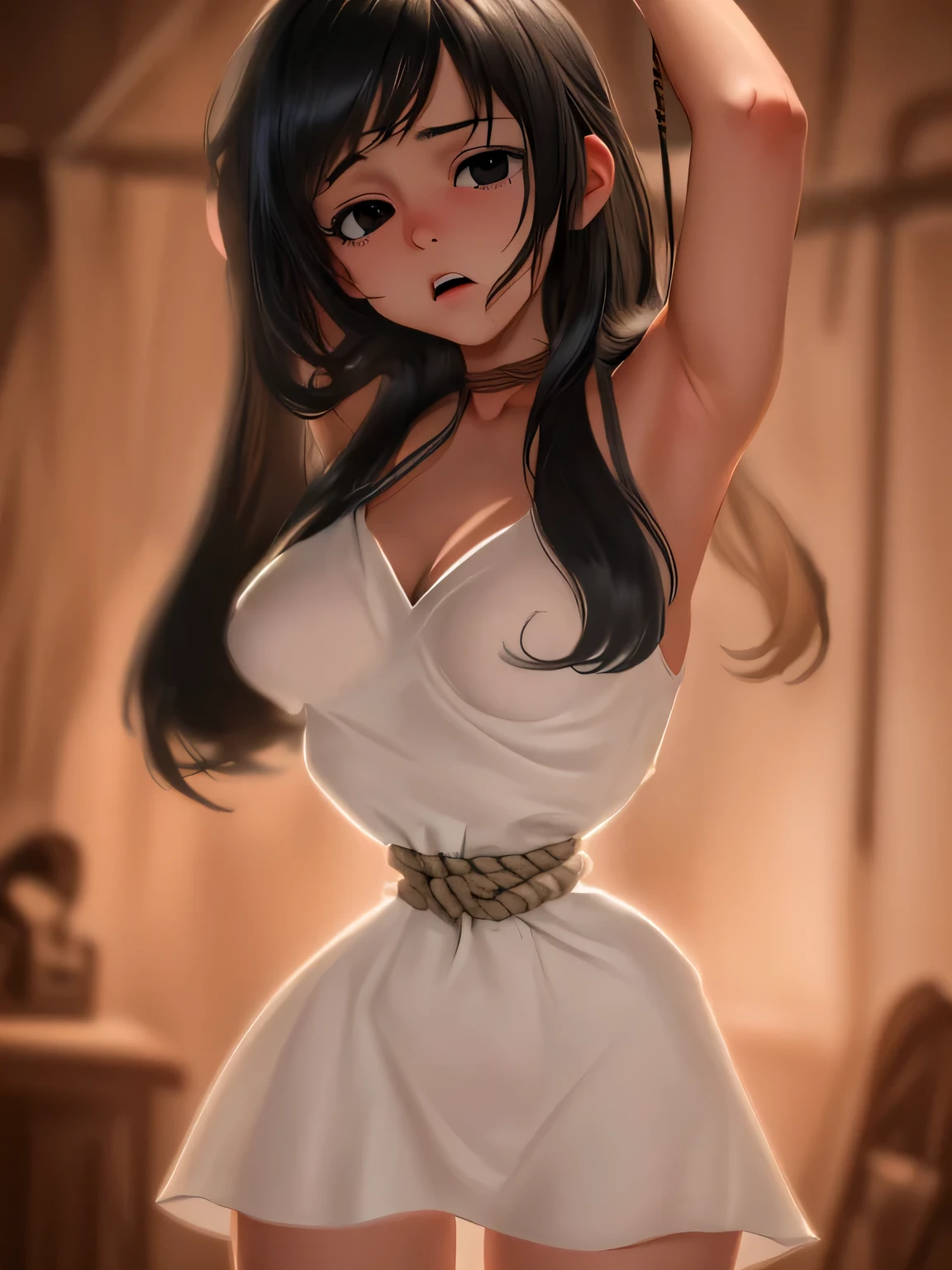 ((masterpiece)), ((highest quality)), (super detailed), torture chamber,(((Waist bound tightly with rope))),pretty girl, 1 girl, alone, white slip dress,beautiful black hair, (beautiful black eyes), long hair, expression of agony