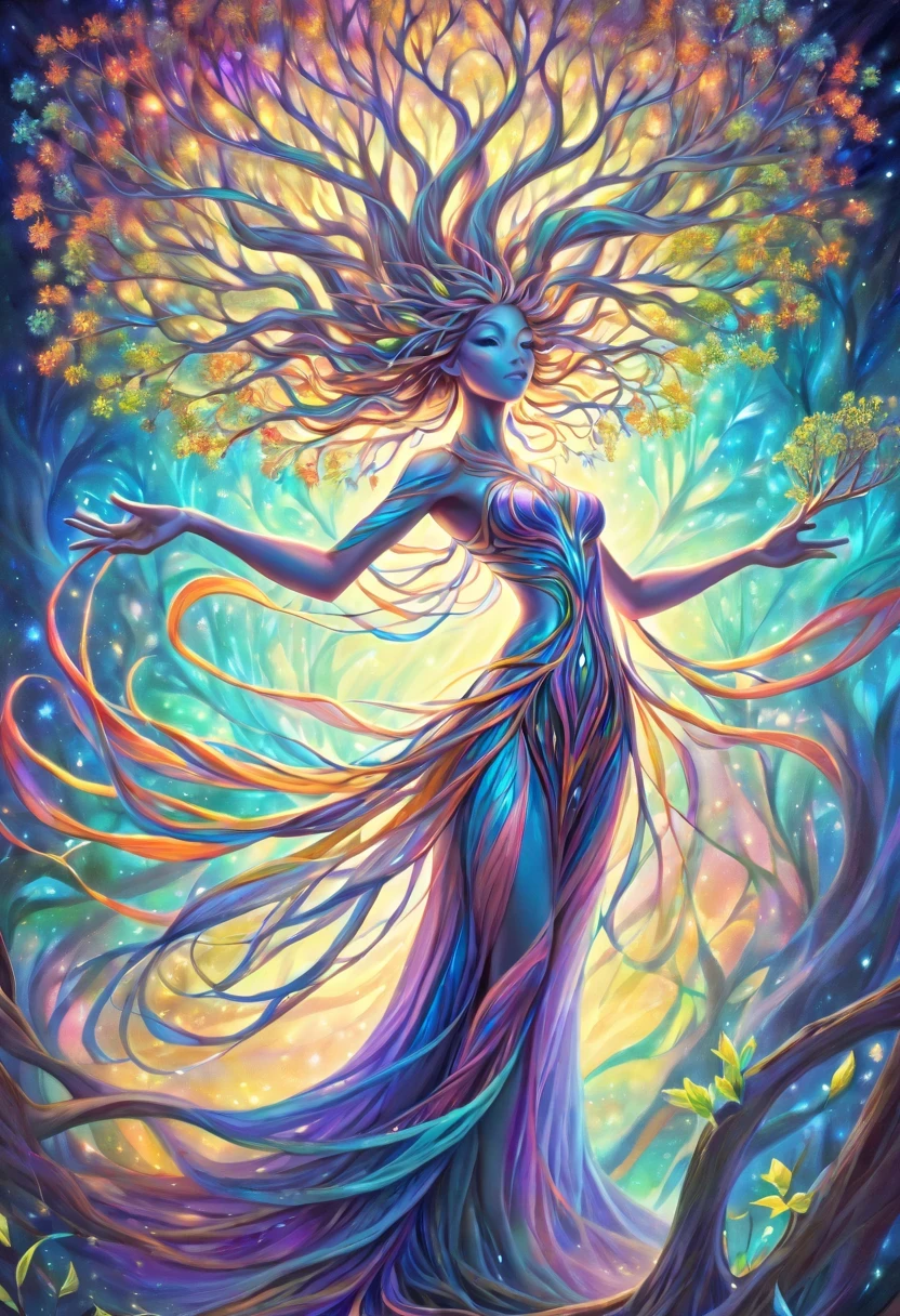 high resolution, Psychedelic style tree woman, bright colors, glowing eyes, flowing branches, ethereal atmosphere, surreal landscape, intricate details, Leaves and flowers dance in the wind, magical aura, wisps of light and color around the tree man, beautiful landscape, Mysterious and fascinating existence, otherworldly beauty, Calm and peaceful expression, art inspired by nature, Surrealist elements, Myth and fantasy imagery.