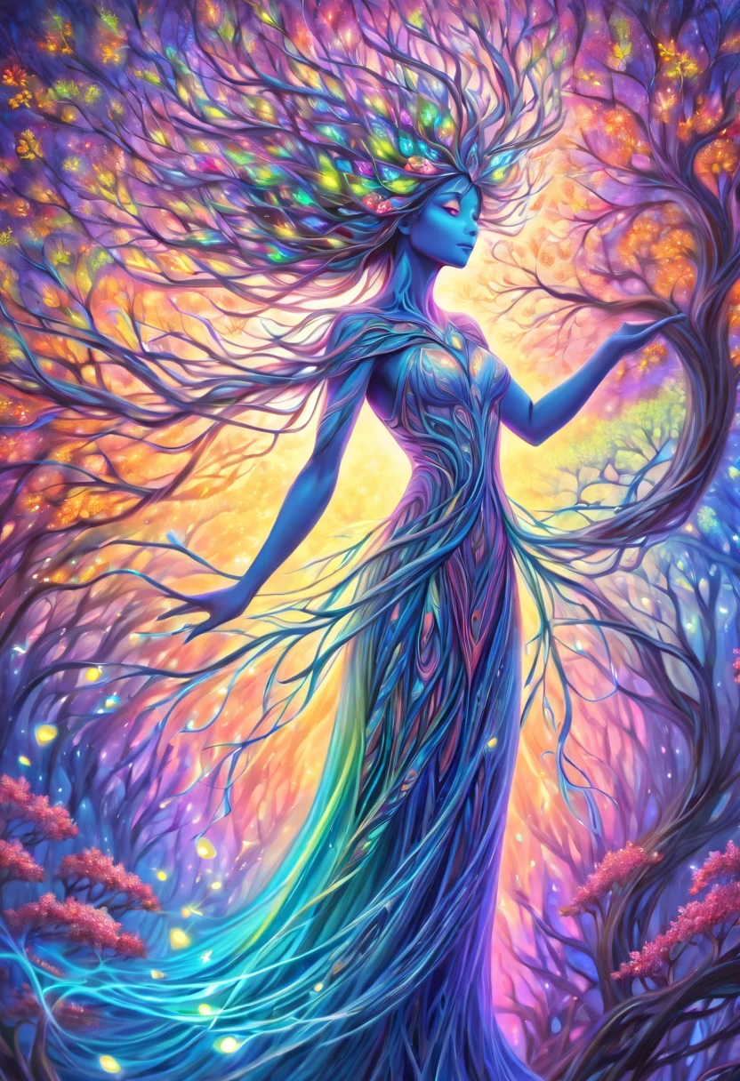 high resolution, Psychedelic style tree woman, bright colors, glowing eyes, flowing branches, ethereal atmosphere, surreal landscape, intricate details, Leaves and flowers dance in the wind, magical aura, wisps of light and color around the tree man, beautiful landscape, Mysterious and fascinating existence, otherworldly beauty, Calm and peaceful expression, art inspired by nature, Surrealist elements, Myth and fantasy imagery.