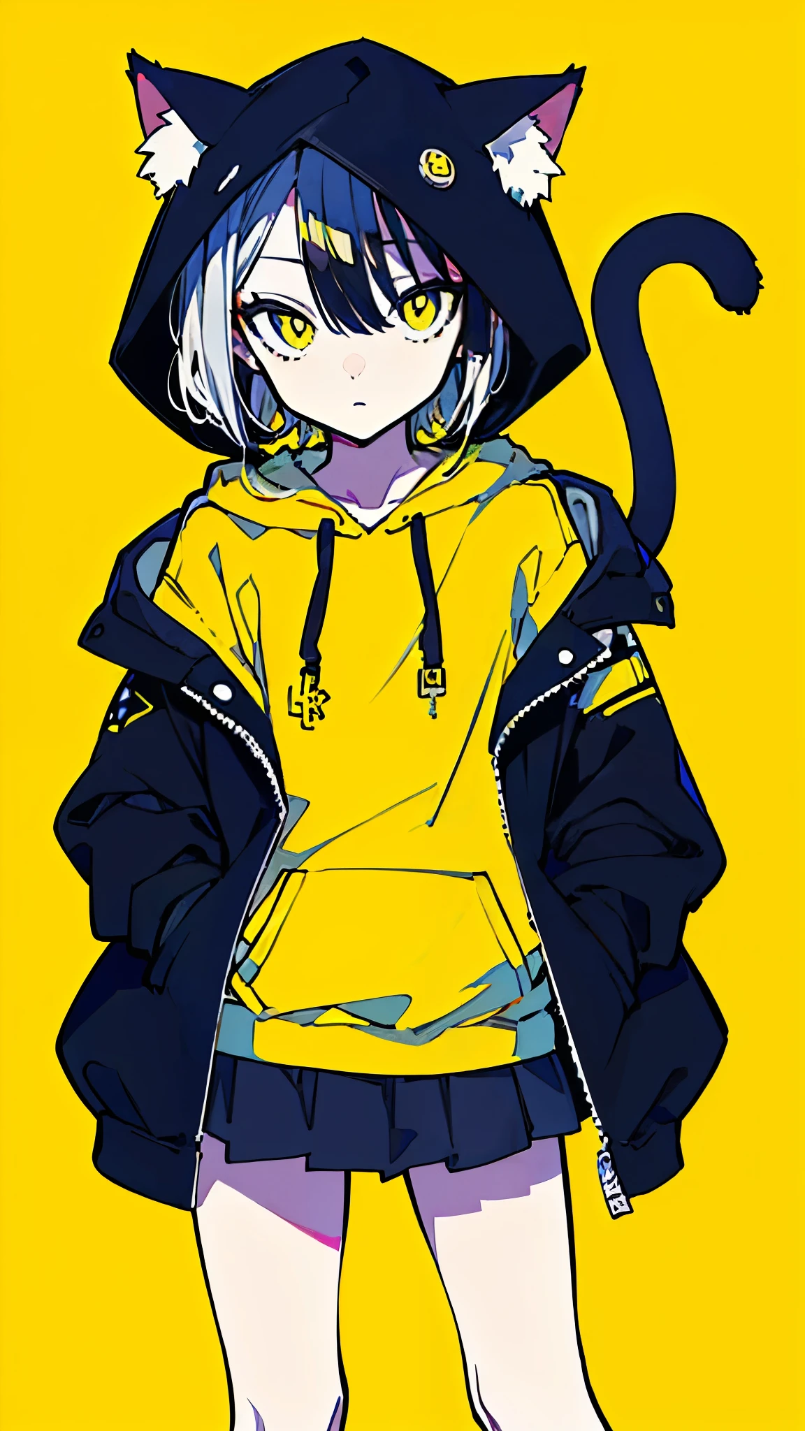 (masterpiece, highest quality:1.6), alone, thick outline, (simple background, Dark yellow background, monochrome, dark yellow theme:1.2), official art, Key Visual, 8k, confused, whole body, (unique hair, oversized hoodie, mini skirt, Cat ear, short torso:1.2), belly button, thighs, cowboy shot, HDR, sharp focus, High resolution, most detailed, very detailed, Super detailed, finely, detailed eyes and face, sharp pupils, realistic student, alone, yellow and gray contrast, alone, put one&#39;s hand in one&#39;s pocket