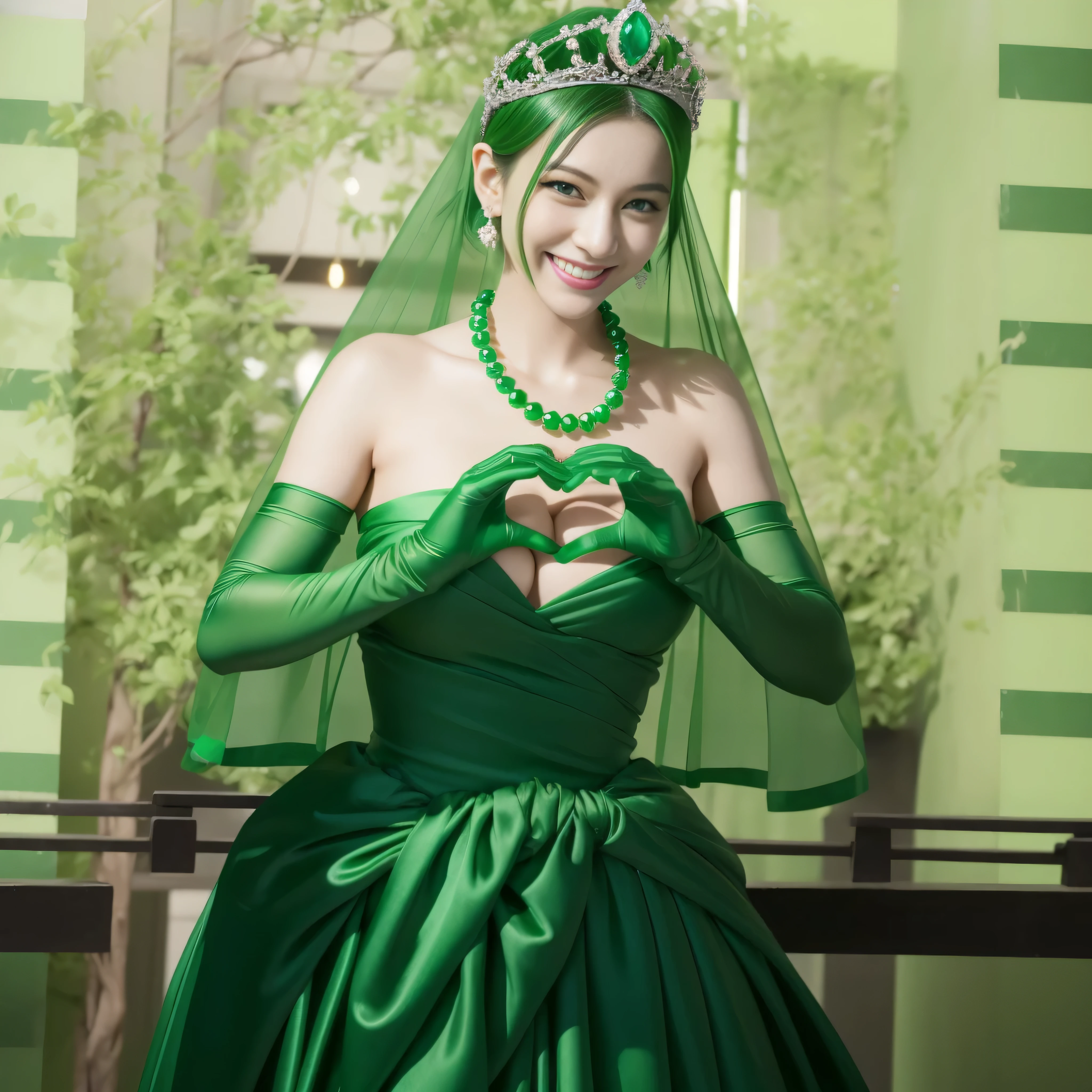 emerald tiara, Green Pearl Necklace, Boyish green berry short hair, lipstick, smiling Japanese woman, very short hair, big breasts beautiful, green eyes, green satin long gloves, green eyes, v sign, emerald earrings, Green veil, green lip gloss