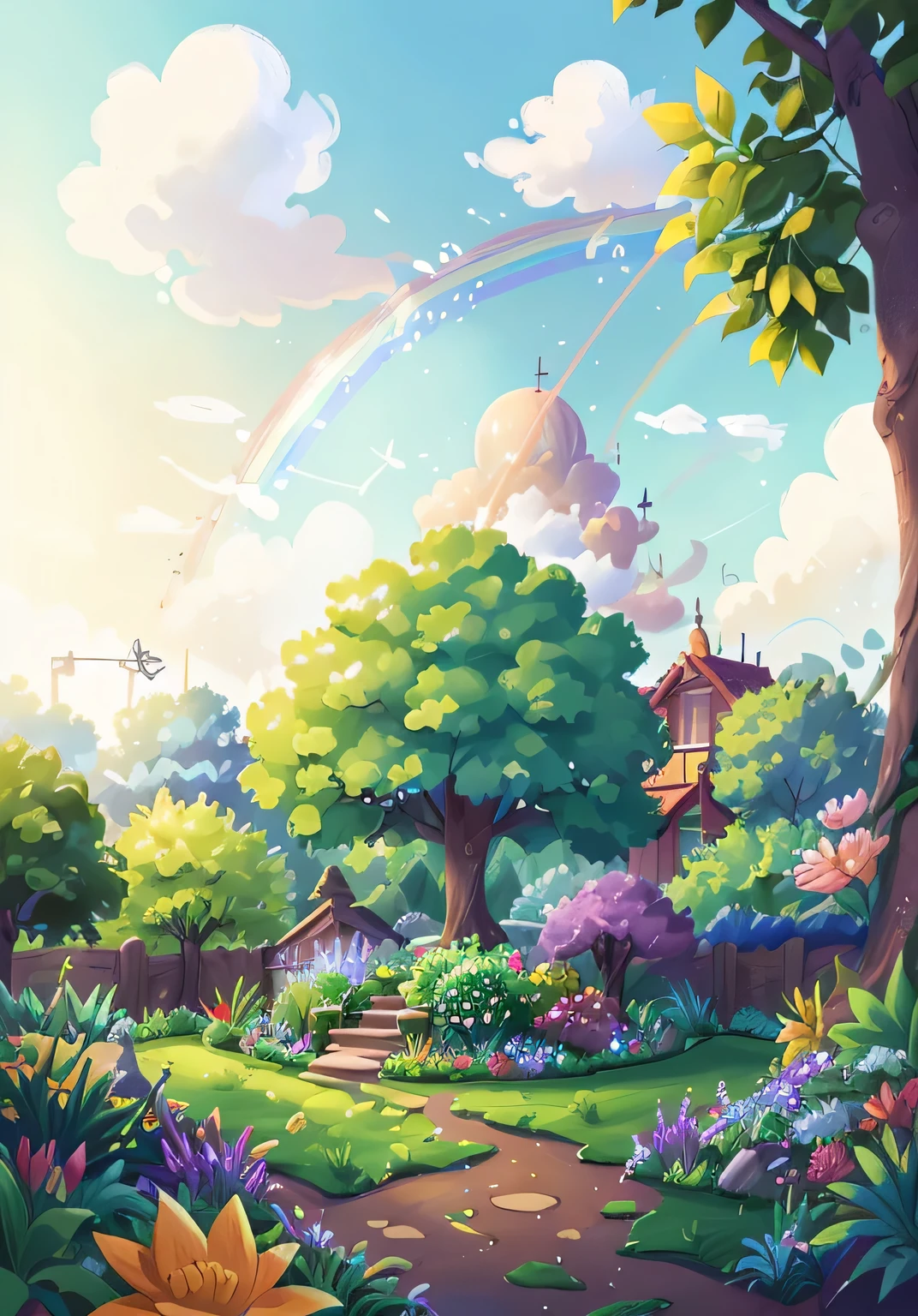 a beautiful garden,A rainbow appears in the sky