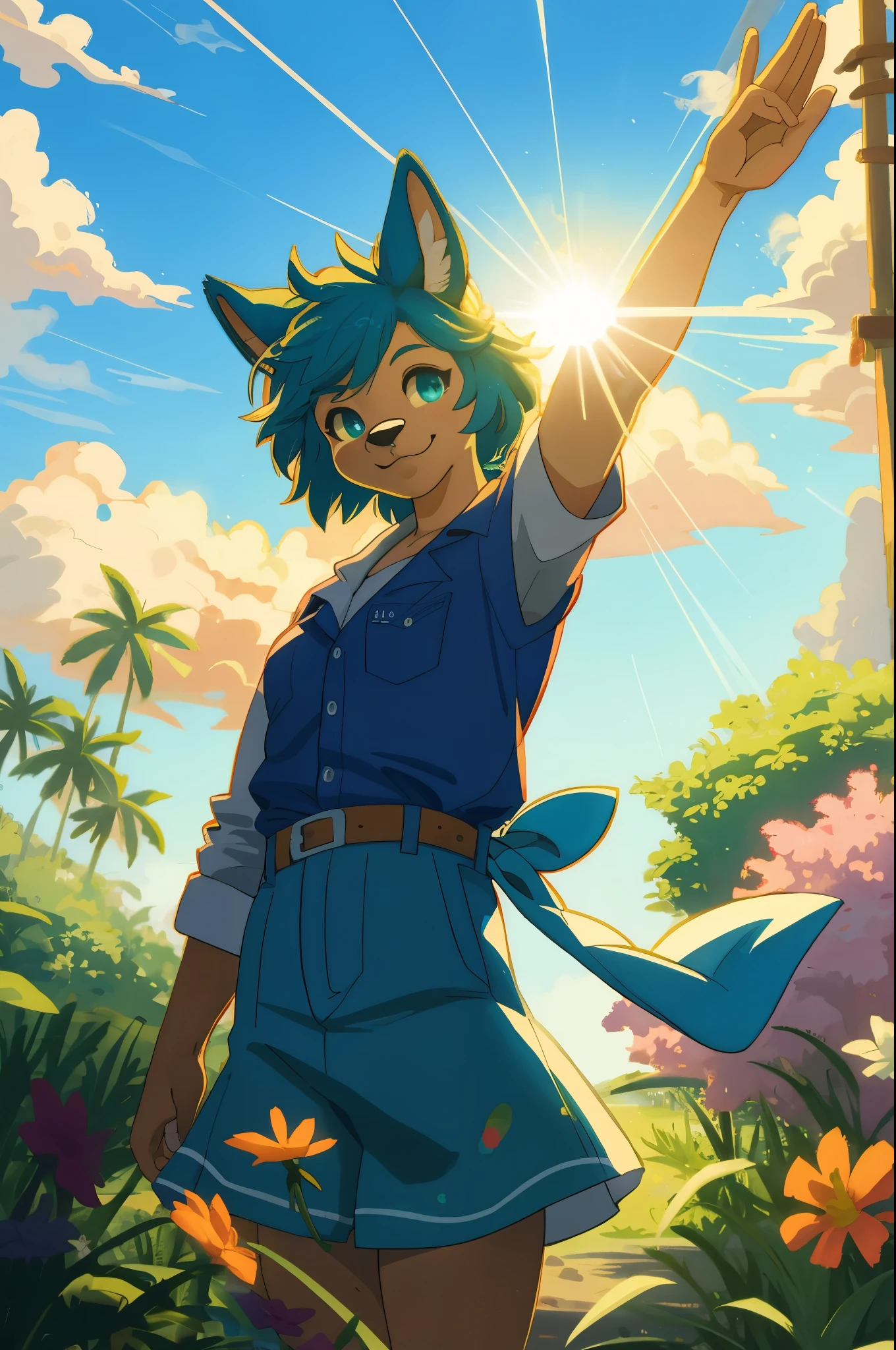 1980 VHS poster art for a Vice City inspired movie, top quality, highres, High-quality illustrations, unparalleled masterpiece(movie of life)nature inspired imagery, rendered in maya, romanticized views, lively illustrations, hyper realistic, whimsical cartoonish, farm, Blue sky, clouds, florals Beautiful garden(furry anthro, solo, girl, casual fashion, Relux pose, Smile)absurdres, perfect anatomy, caustics, cinematic lighting, lens flare, deep shadow, dynamic angle,