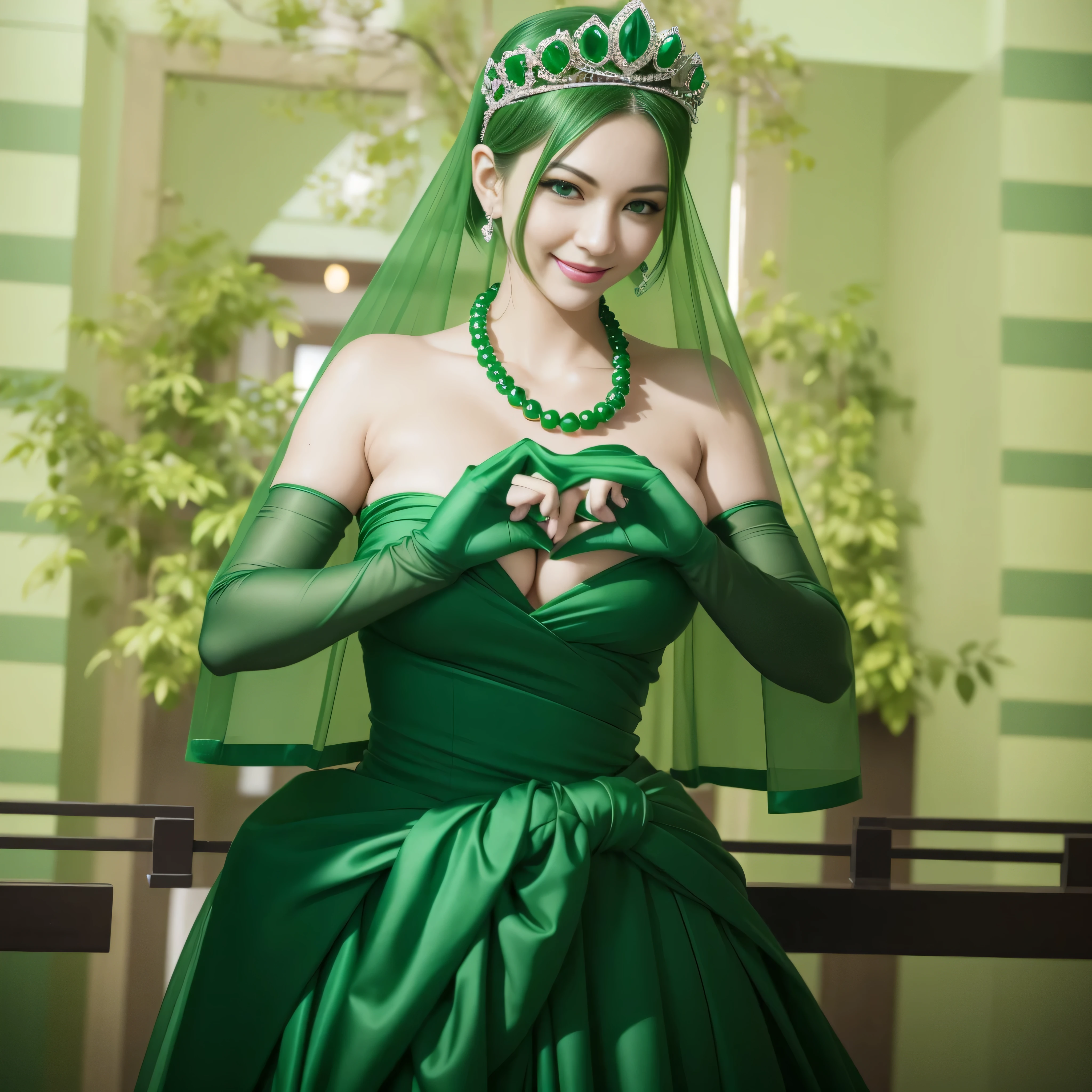 emerald tiara, Green Pearl Necklace, Boyish green berry short hair, lipstick, smiling Japanese woman, very short hair, big breasts beautiful, green eyes, green satin long gloves, green eyes, v sign, emerald earrings, Green veil, green lip gloss