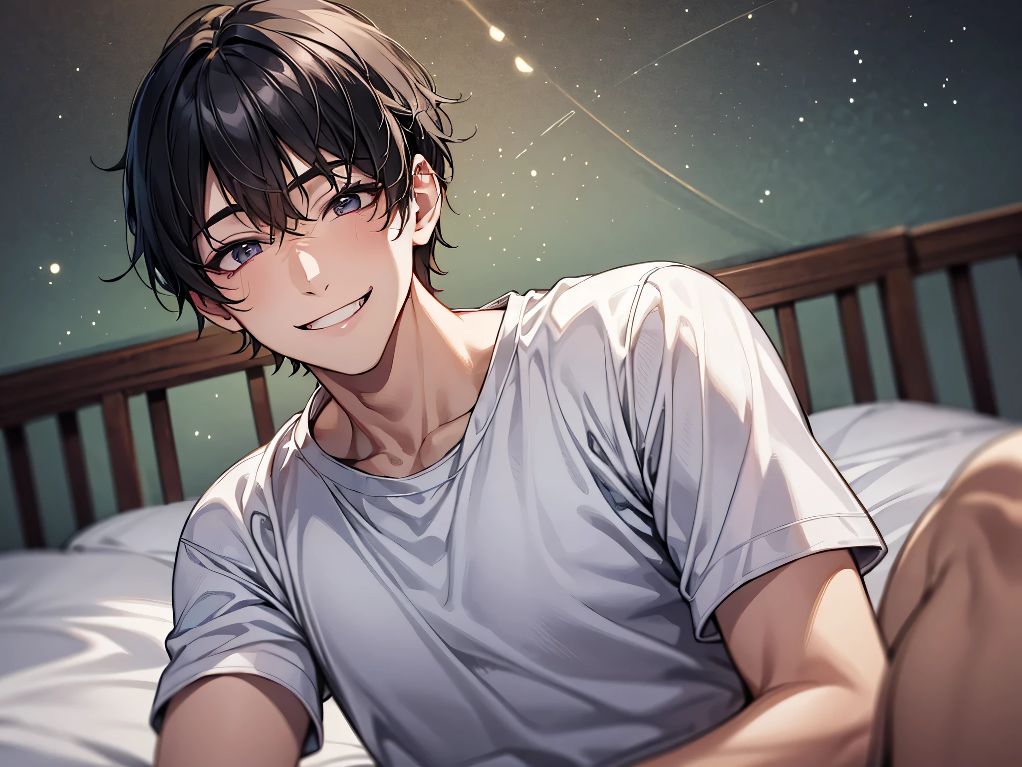 (night),male,masterpiece, high quality, , hd,perfect lighting, detailed face, detailed body, 1 person, short black hair, white t-shirt, (smile: 1.5), sitting, bed