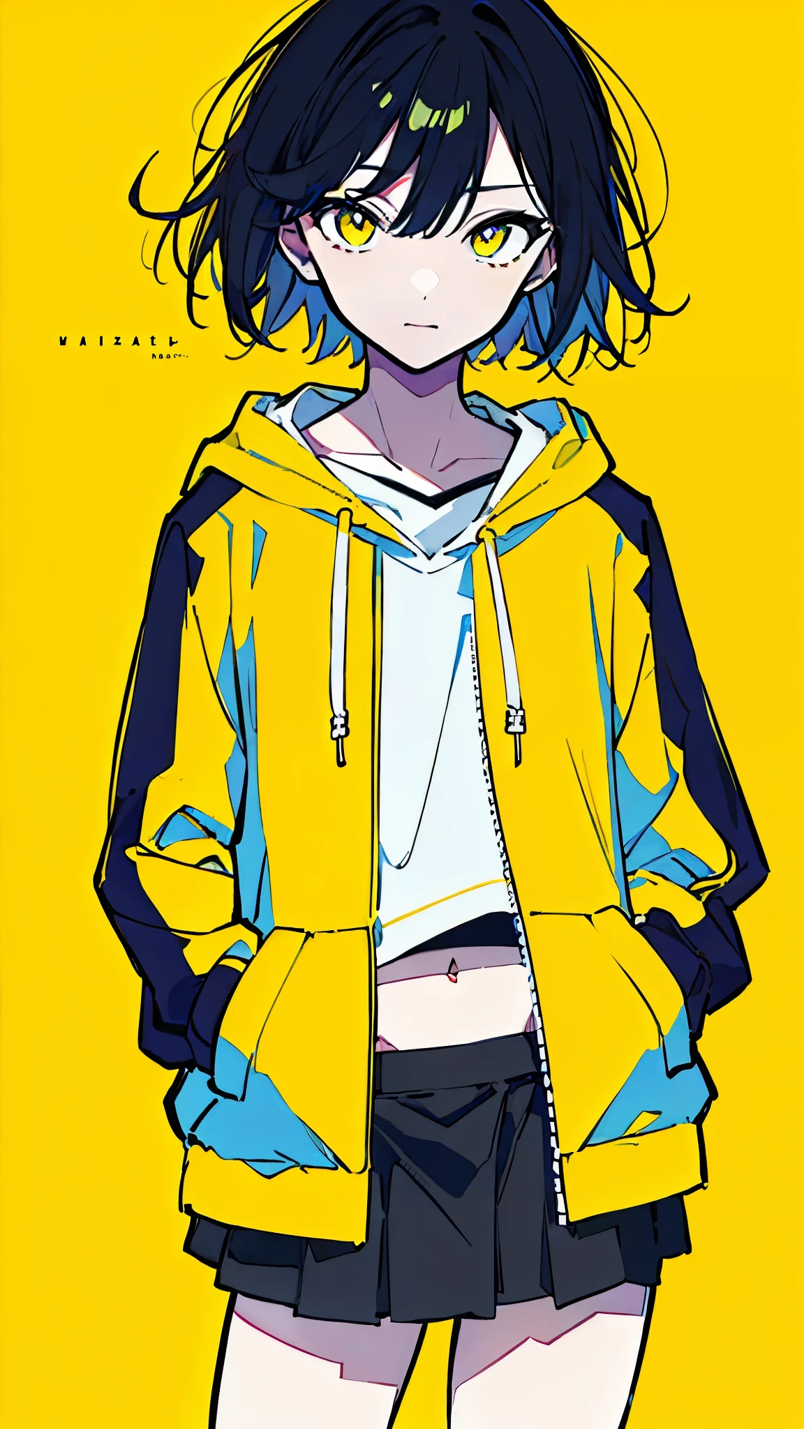 (masterpiece, highest quality:1.6), alone, thick outline, (simple background, Dark yellow background, monochrome, dark yellow theme:1.2), official art, Key Visual, 8k, confused, whole body, (unique hair, oversized hoodie, Tight Skirt, short torso:1.2), belly button, thighs, cowboy shot, HDR, sharp focus, High resolution, most detailed, very detailed, Super detailed, finely, detailed eyes and face, sharp pupils, realistic student, alone, alone, put one's hand in one's pocket