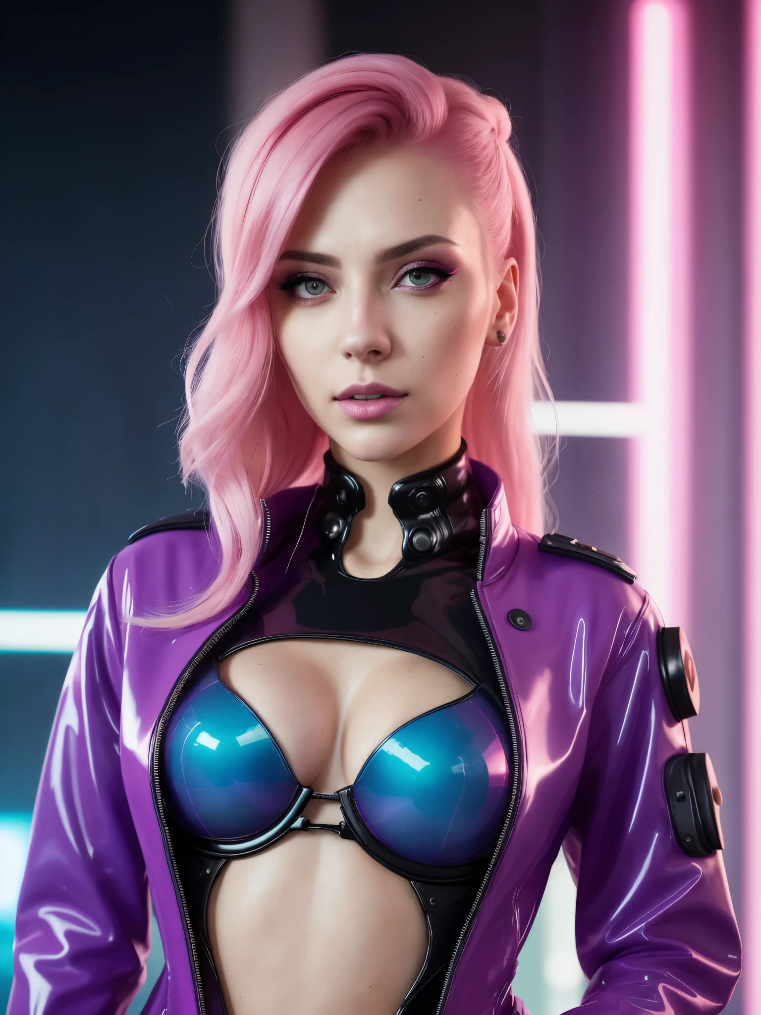 close-up portrait of a beautiful young woman, (cyberpunk clothes) (ErinNobodySD15), ?????????????, pressed lips (seriously: 1.2) appearance (bright side light rim light: 1.2) deep dark shadows dramatic camera angle high-contrast color gradation (masterpiece: 1.2) (photorealistic: 1.2) (bokeh:1.2) (best quality) (detailed skin:1.3) (complex details) (8k) (HDR) (cinematic lighting) (sharp focus),  large multicolored hair loose and wavy, neon lights in the background, pink ??????????????,