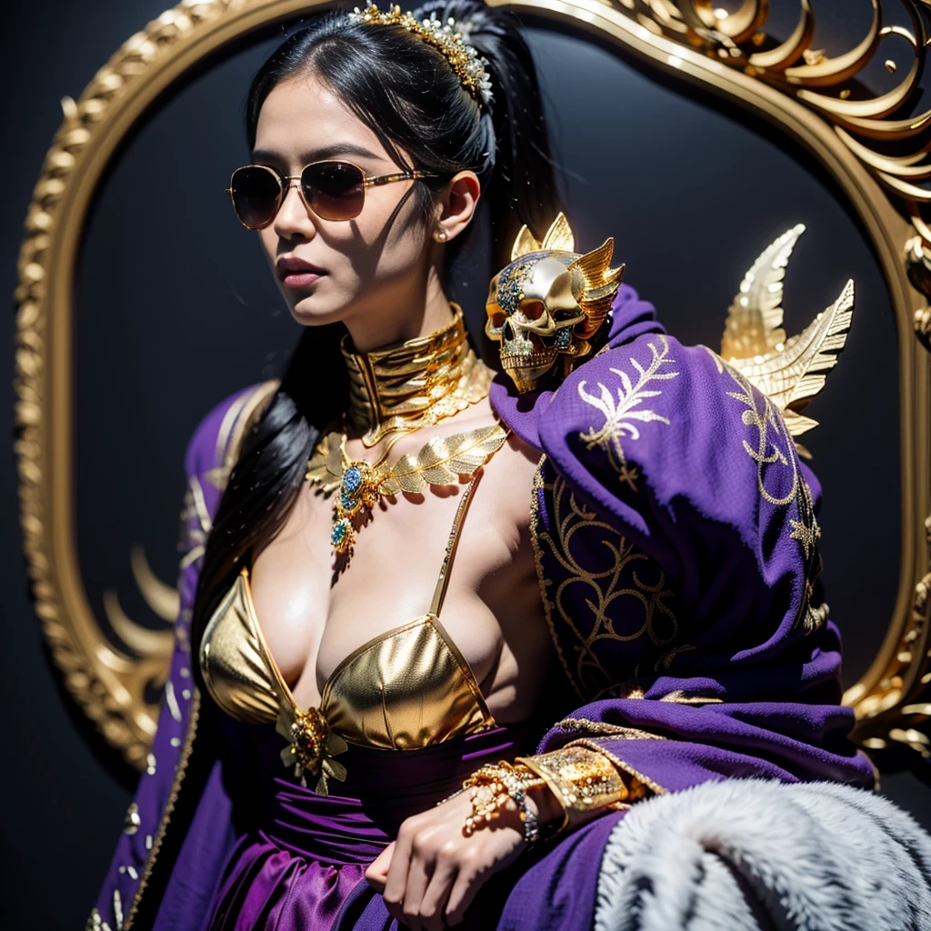 On snowy nights,32k(masterpiece,HD,Ultra high quality,32k)Purple-pink double ponytail,flower stick,Indigo Skull King ,mahogany steering wheel (The skeleton is very realistic:1.4),crocodile print robe,Rusty skull ornaments,Sand gold linen cloak,petals flying,Deep gold sunglasses,Hold your head high,worthy of pride,Look at people through nostrils,A primary and secondary school student, high resolution,Xueba, detail, RAW photos, Sharp Re, Nikon D850 film photo by Jefferies Lee 4 Kodak Portra 400 camera F1.6 guns, colorful, Ultra-realistic and vivid textures, dramatic lighting, Unreal Engine Art Station Trend, Sinest 800,Hold your head high,side,worthy of pride,Look at people through nostrils,arrogant,petals flying,petals flying,Gold dusted crocodile,Fluttering,Impeccable,( Reasonable design, clear lines, HD晰度,best quality, Very detailed skeleton, masterpiece的骨架, official art, movie lighting effects, 8K crocodile skeleton(((Platinum marble sunglasses)))Deep gold sunglasses,side肖像