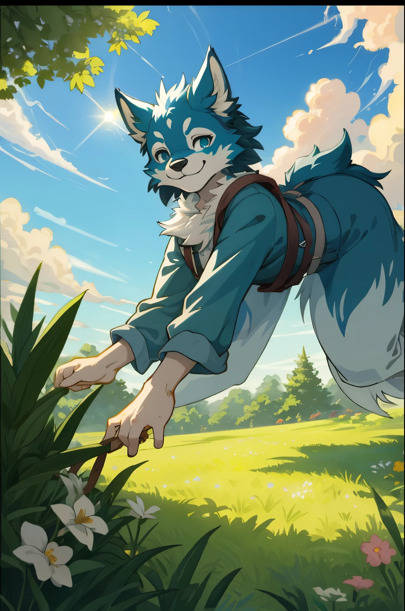 1980 VHS poster art for a Vice City inspired movie, top quality, highres, High-quality illustrations, unparalleled masterpiece(movie of life)nature inspired imagery, rendered in maya, romanticized views, lively illustrations, hyper realistic, whimsical cartoonish, farm, Blue sky, clouds, florals Beautiful garden(furry anthro, solo, girl, casual fashion, Relux pose, Smile)absurdres, perfect anatomy, caustics, cinematic lighting, lens flare, deep shadow, dynamic angle,