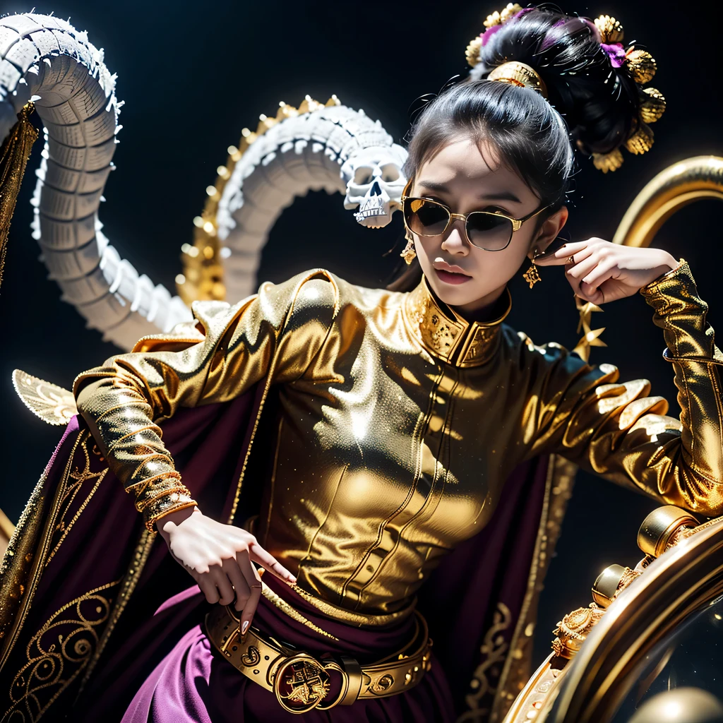 On snowy nights,32k(masterpiece,HD,Ultra high quality,32k)Purple-pink double ponytail,flower stick,Indigo Skull King ,mahogany steering wheel (The skeleton is very realistic:1.4),crocodile print robe,Rusty skull ornaments,Sand gold linen cloak,petals flying,Deep gold sunglasses,Hold your head high,worthy of pride,Look at people through nostrils,A primary and secondary school student, high resolution,Xueba, detail, RAW photos, Sharp Re, Nikon D850 film photo by Jefferies Lee 4 Kodak Portra 400 camera F1.6 guns, colorful, Ultra-realistic and vivid textures, dramatic lighting, Unreal Engine Art Station Trend, Sinest 800,Hold your head high,side,worthy of pride,Look at people through nostrils,arrogant,petals flying,petals flying,Gold dusted crocodile,Fluttering,Impeccable,( Reasonable design, clear lines, HD晰度,best quality, Very detailed skeleton, masterpiece的骨架, official art, movie lighting effects, 8K crocodile skeleton(((Platinum marble sunglasses)))Deep gold sunglasses,side肖像