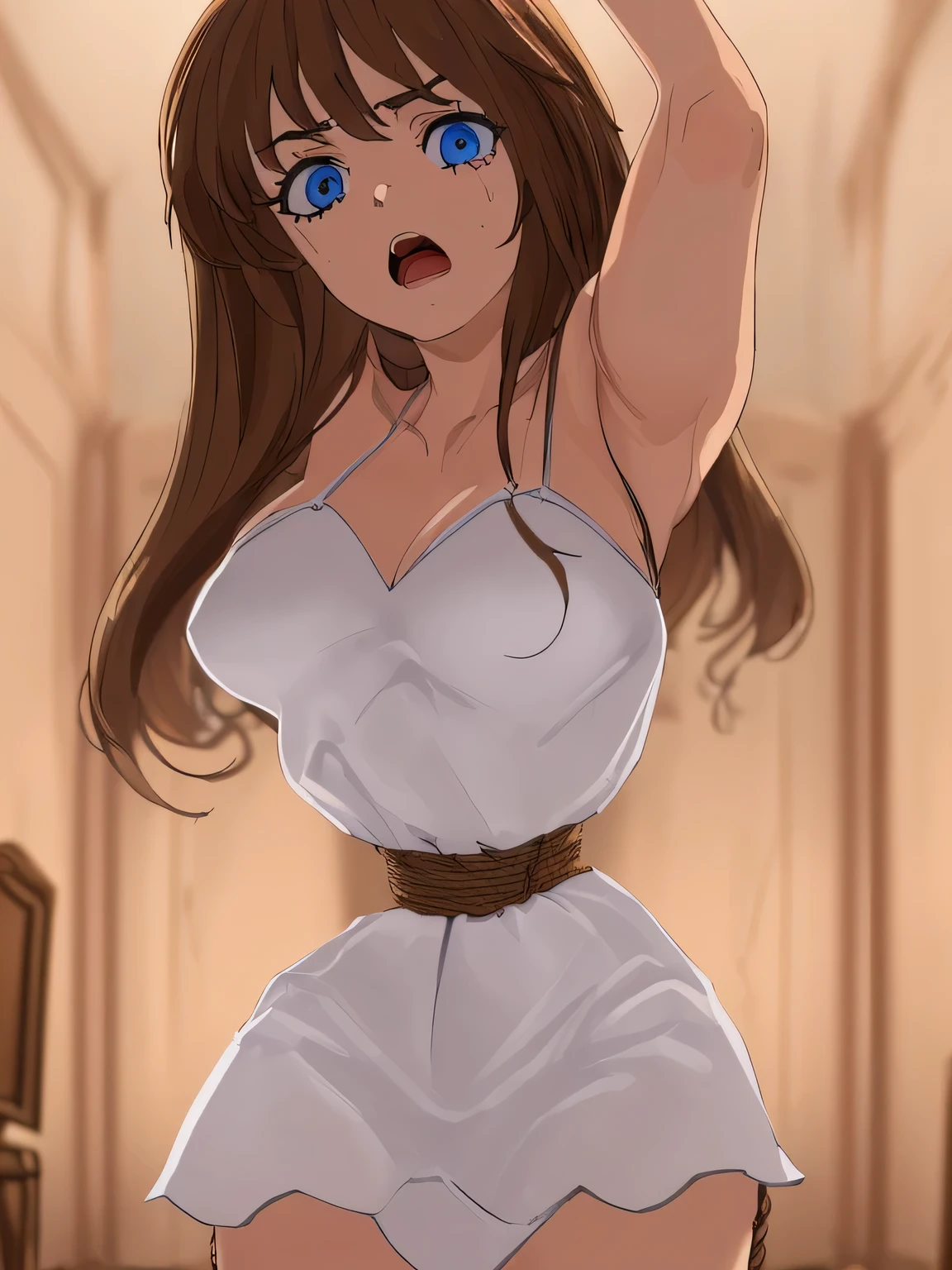 ((masterpiece)), ((highest quality)), (super detailed), torture chamber,(((Waist bound tightly with rope))),pretty girl, 1 girl, alone, white slip dress,beautiful brown hair, (beautiful blue eyes), long hair, expression of agony