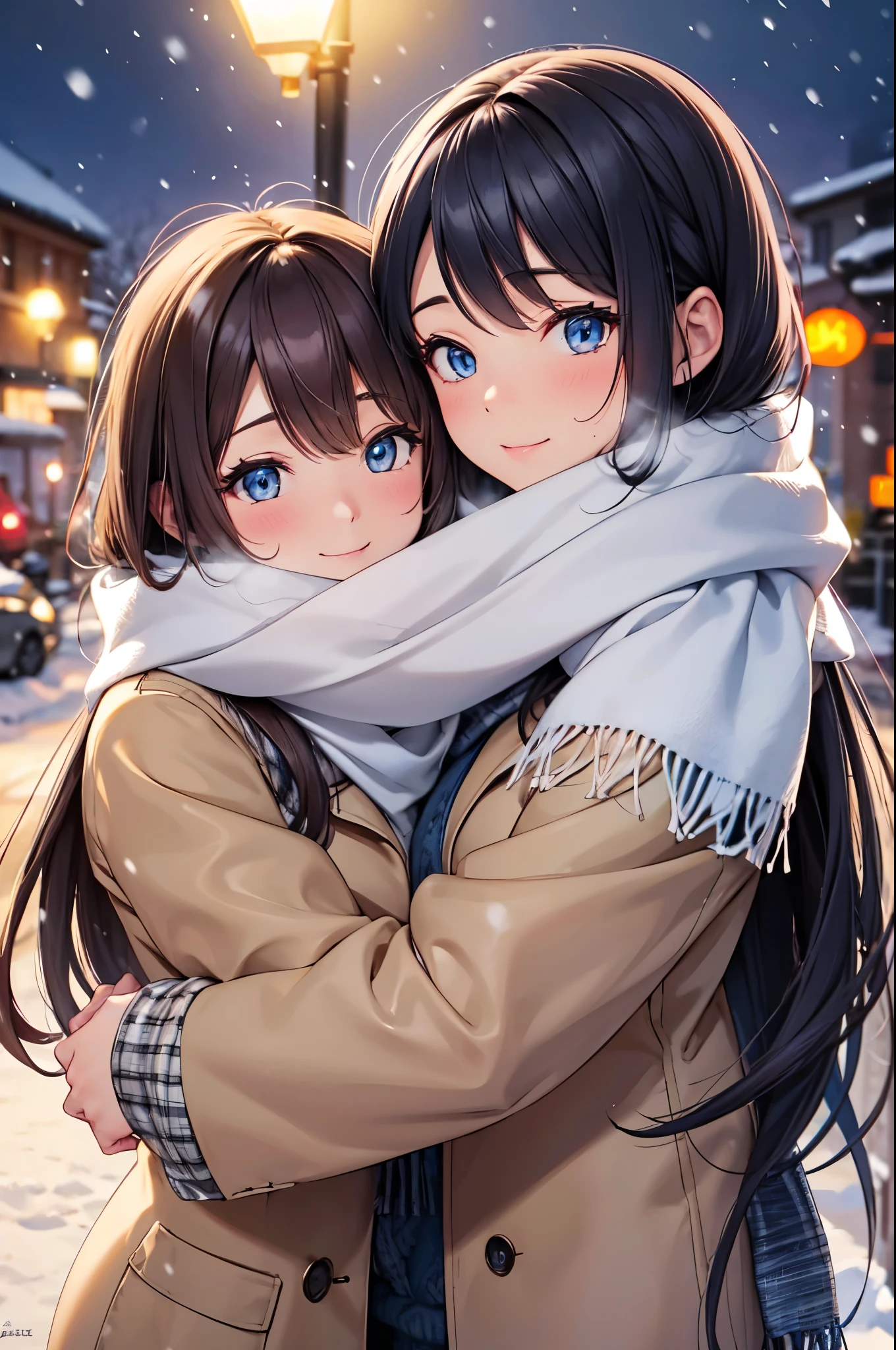 (High quality, High resolution, Fine details), (snowing), (shared_scarf:1.2), (One scarf wrapped around two people:1.2), curvy women, sparkling eyes, (Detailed eyes:1.2), smile, blush, Sweat, Oily skin, shallow depth of field
